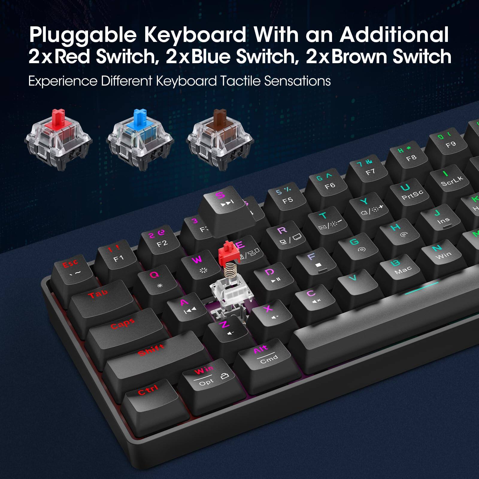 Pluggable Keyboard With an Additional 2x Red Switch, 2x Blue Switch, 2x Brown Switch  
Experience Different Keyboard Tactile Sensations