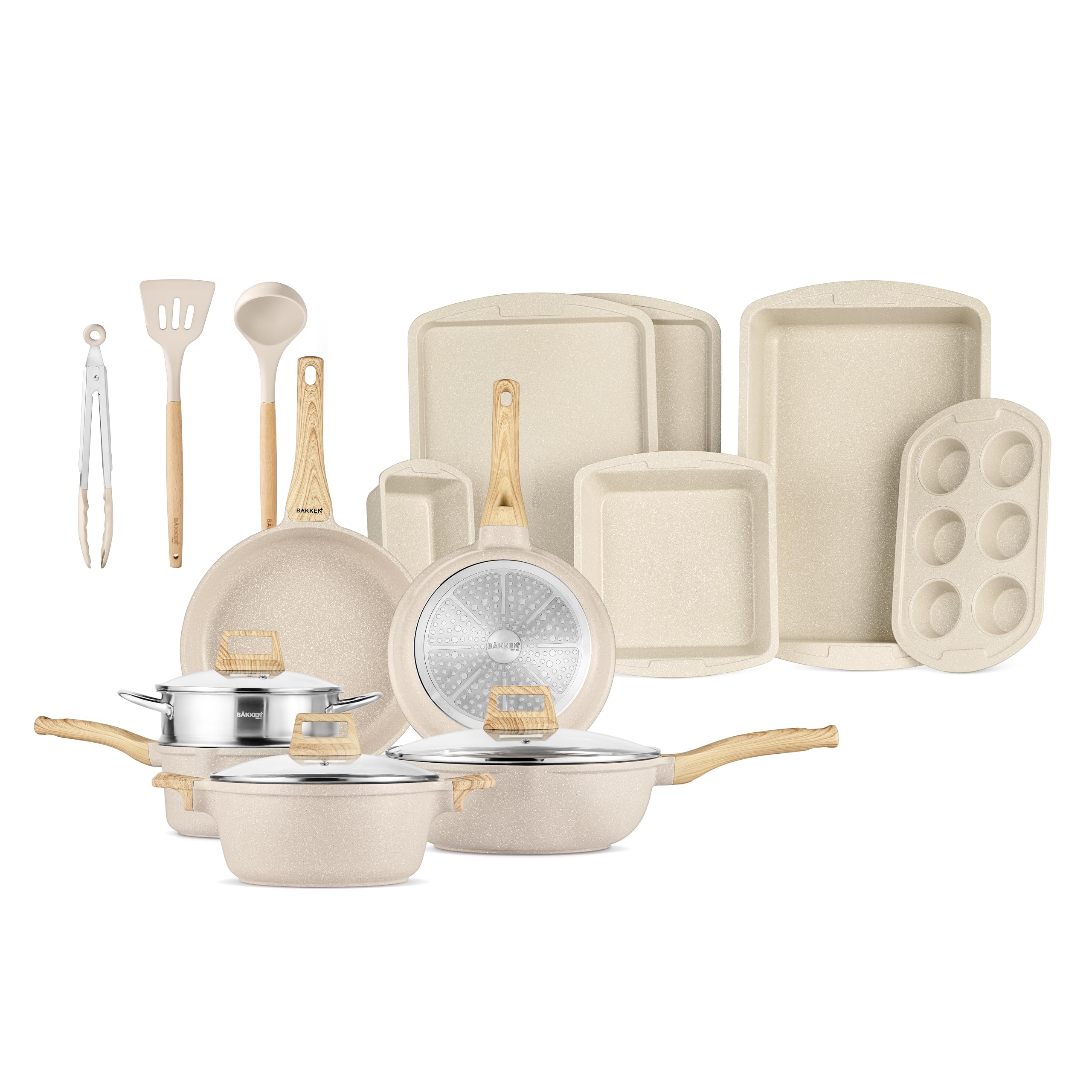Front. Bakken- Swiss - Bakken-Swiss 20-Piece Kitchen Cookware Set – Granite Non-Stick – Eco-Friendly – for All Stoves & Oven-Safe - Cream.