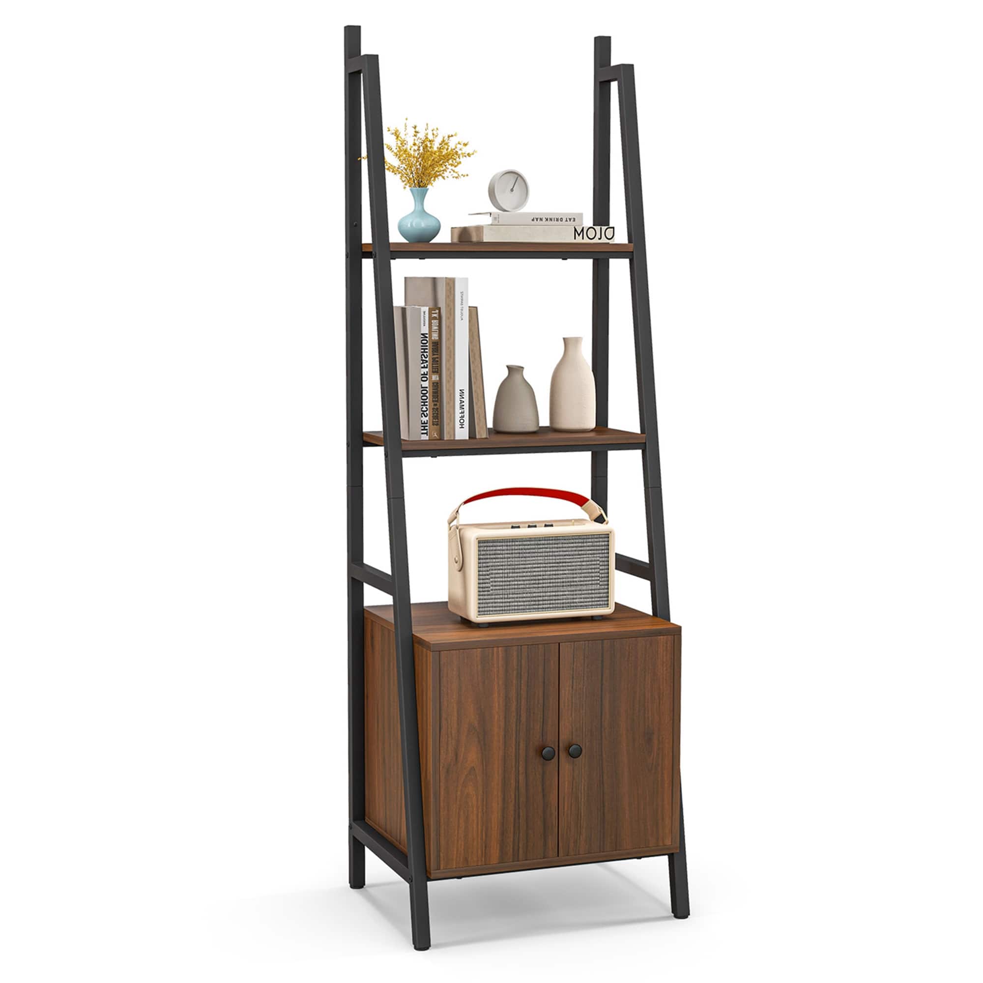 Costway - 4-Tier Ladder Shelf Industrial Bookcase with Cabinet Metal Frame for Living Room - Rustic Brown,Black