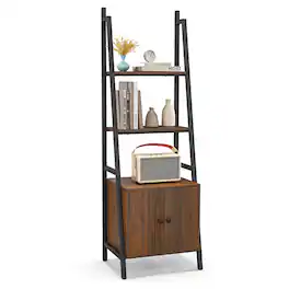 Costway - 4-Tier Ladder Shelf Industrial Bookcase with Cabinet Metal Frame for Living Room - Rustic Brown,Black