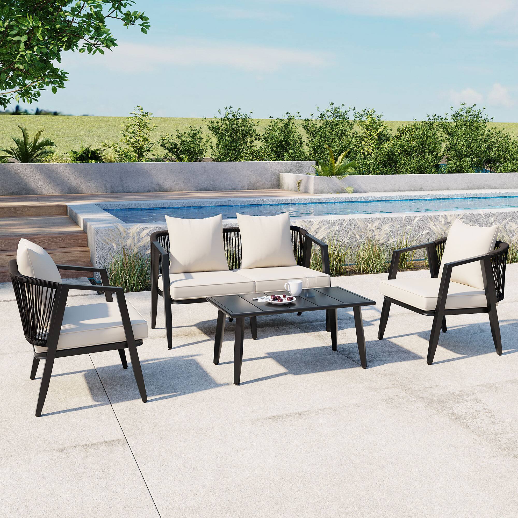 Left. Mondawe - 4-Piece Durable and Comfortable Outdoor Seating Set - Beige.