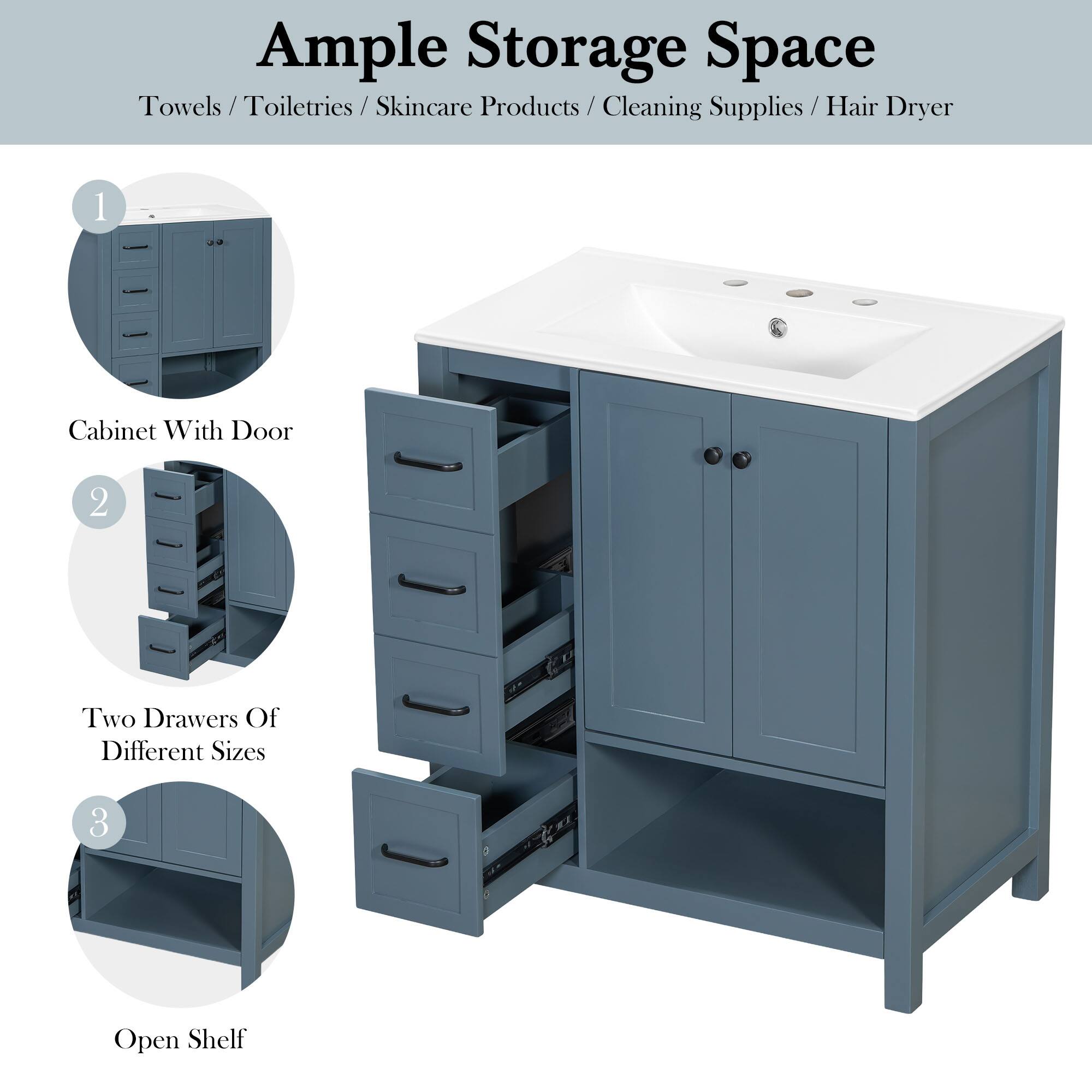 Ample Storage Space  
Towels / Toiletries / Skincare Products / Cleaning Supplies / Hair Dryer  

1. Cabinet With Door  
2. Two Drawers Of Different Sizes  
3. Open Shelf