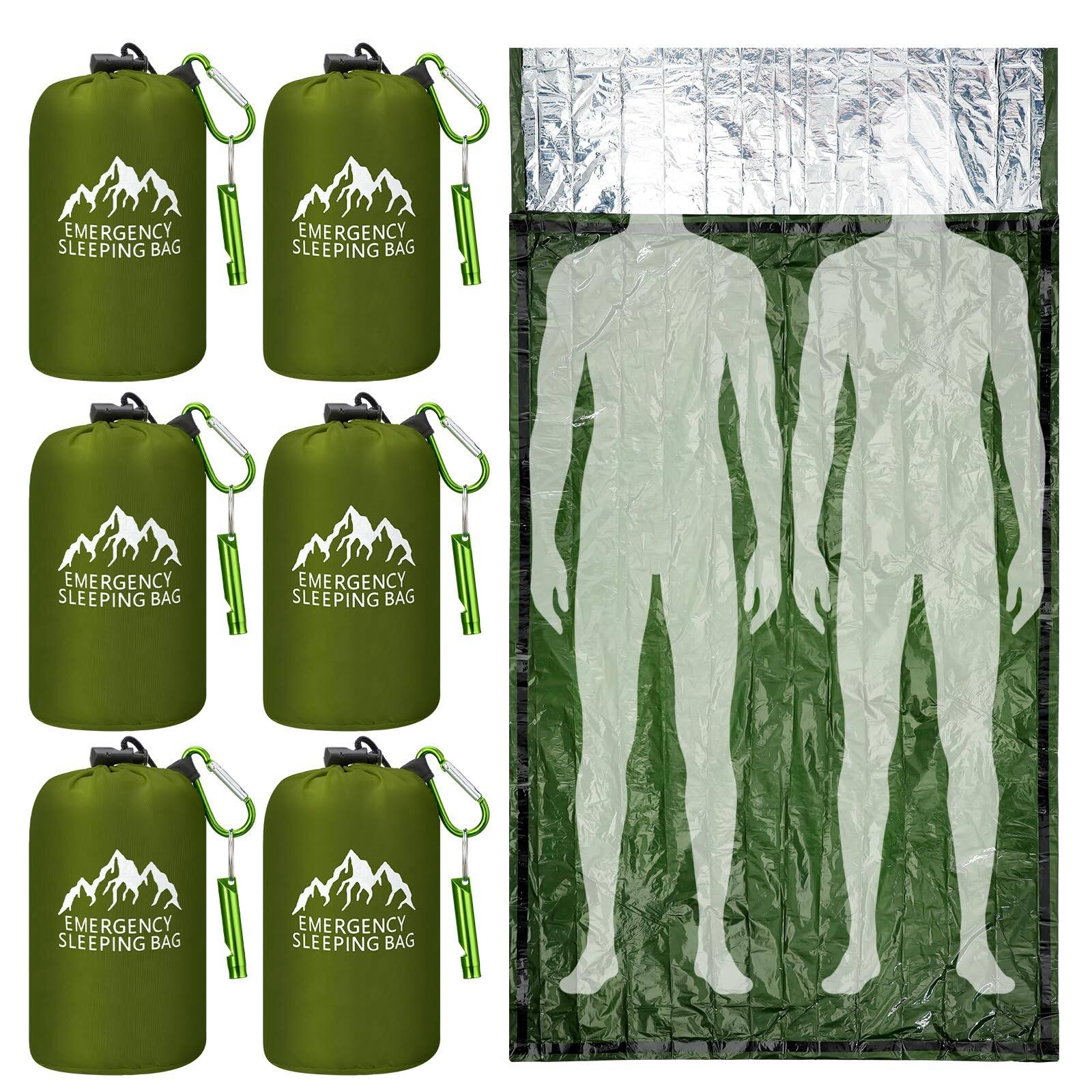 Dapper Styles - 6 Emergency Sleeping Bag 94.5 X 49.2 Waterproof With Whistle Carabiner Portable Thermal Bivy Sack Blankets - Green