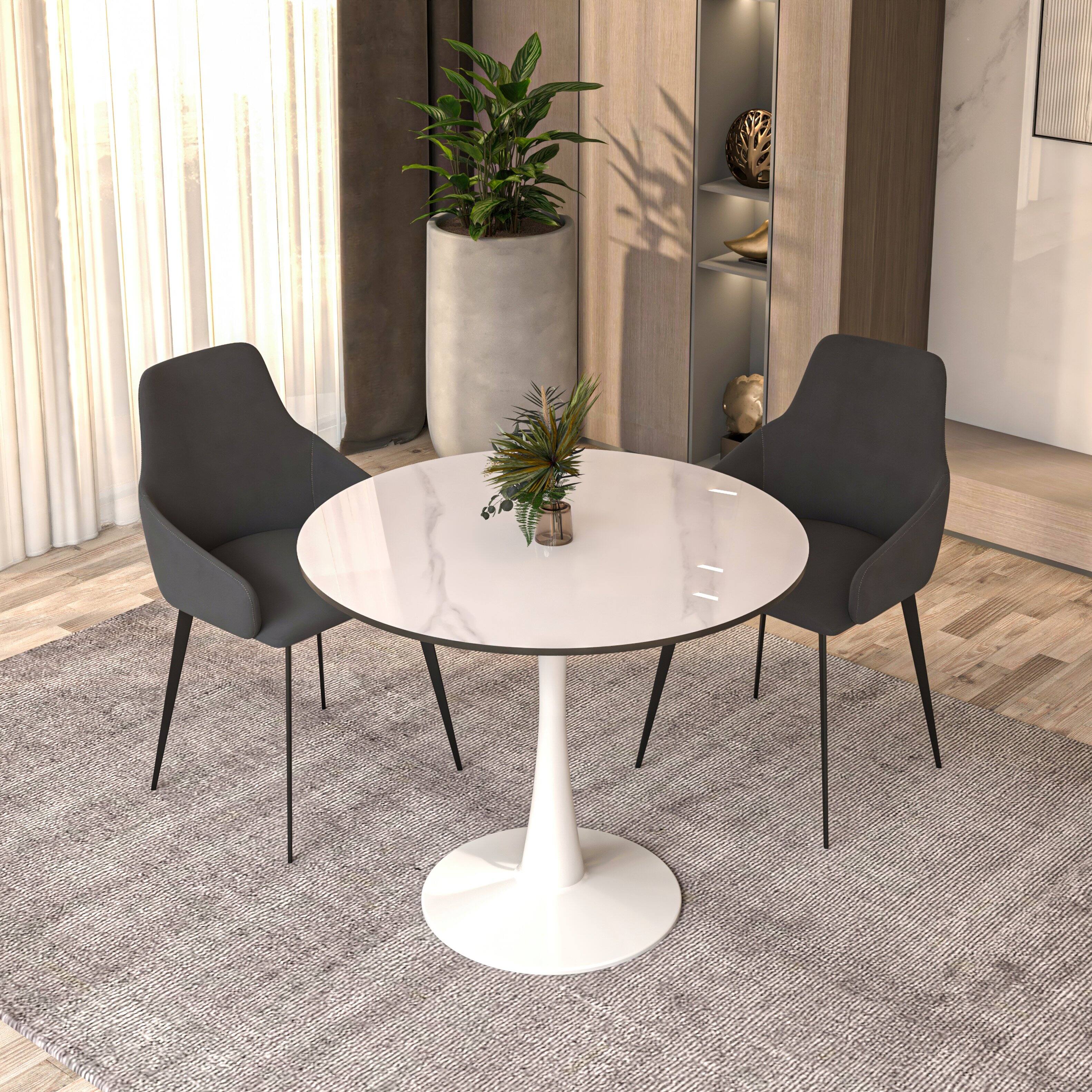Left. LeisureMod - Bristol 31" Mid-Century Round Kitchen Table - Heavy-Duty Pedestal Base, Scratch-Resistant Stone or Wood Top - Stone - White.