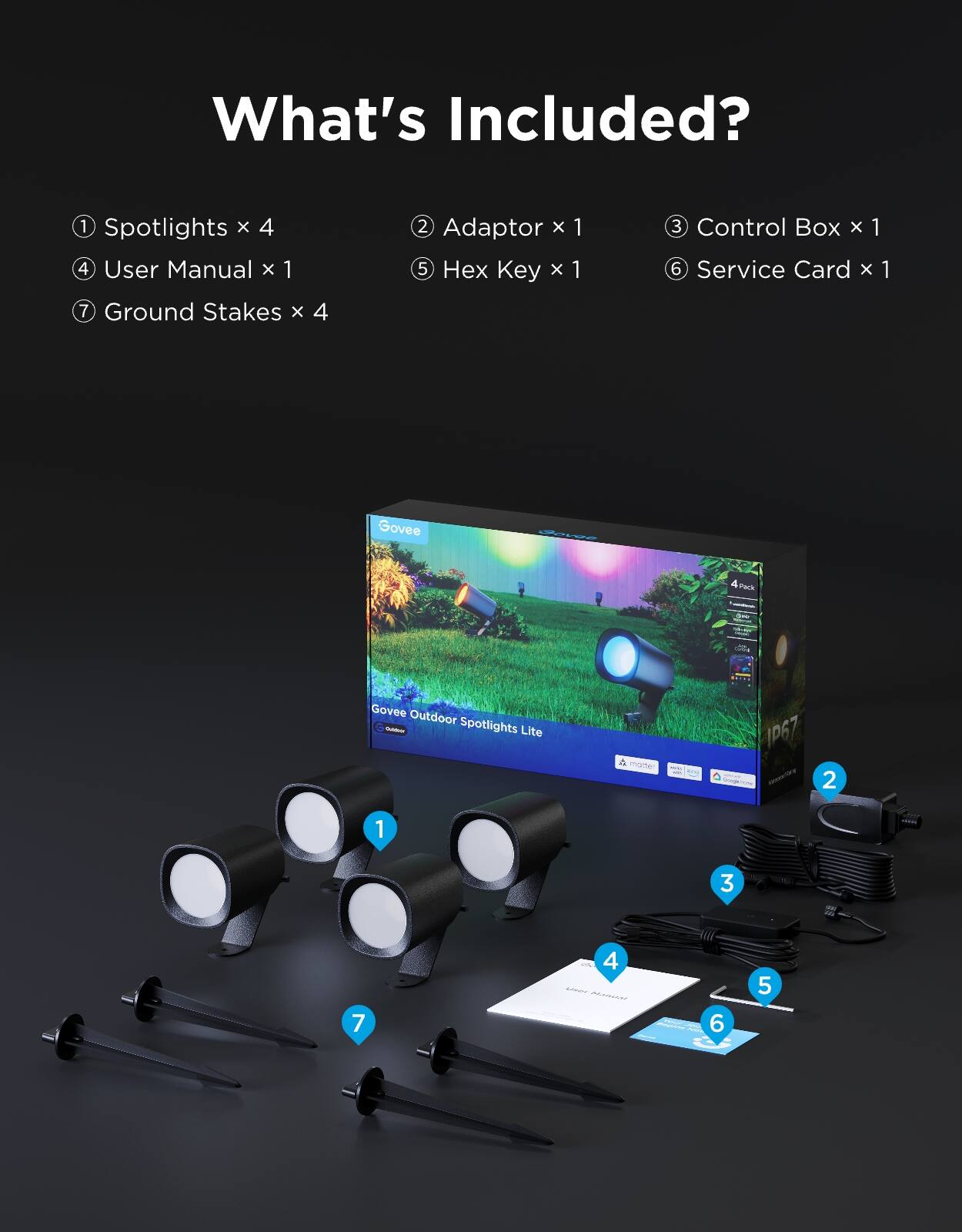 What's Included?

1. Spotlights x 4
2. Adaptor x 1
3. Control Box x 1
4. User Manual x 1
5. Hex Key x 1
6. Service Card x 1
7. Ground Stakes x 4

Govee 4 Pack - Govee Outdoor - Spotlights Lite - IP67