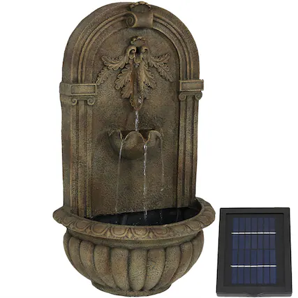 Front. Sunnydaze - Florence Polystone Outdoor Solar Wall Fountain - Florentine Stone.