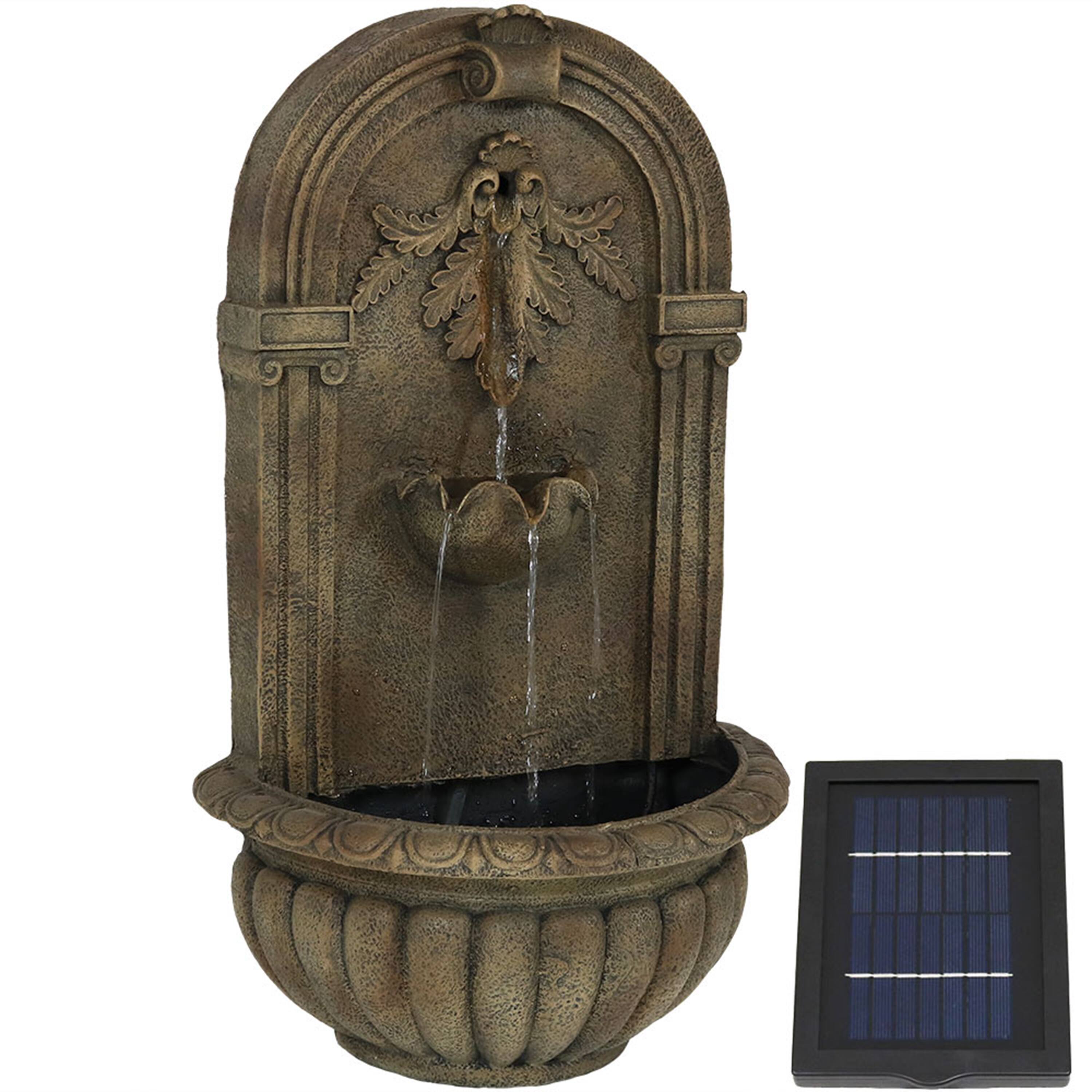 Front. Sunnydaze - Florence Polystone Outdoor Solar Wall Fountain - Florentine Stone.