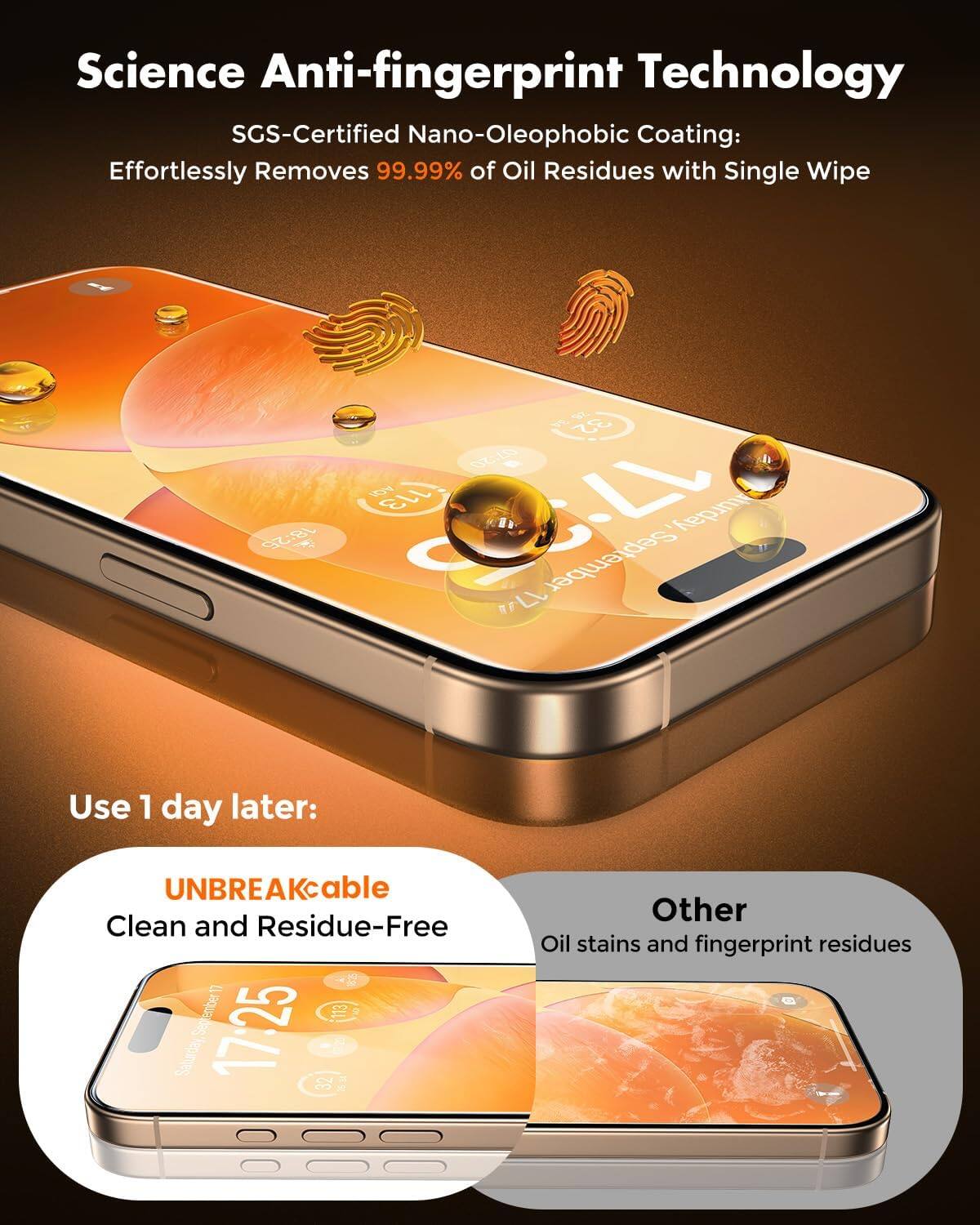 Science Anti-fingerprint Technology  
SGS-Certified Nano-Oleophobic Coating: Effortlessly Removes 99.99% of Oil Residues with Single Wipe

Use 1 day later:  
UNBREAKable  
Clean and Residue-Free

Other  
Oil stains and fingerprint residues