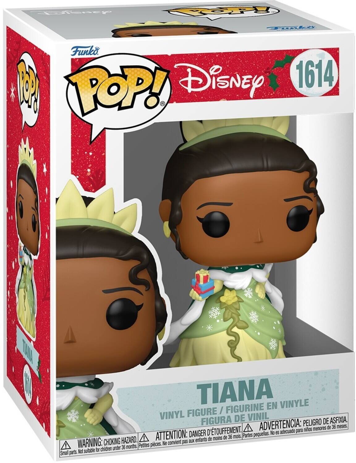 Sure, here is the corrected and grouped text from the image:

---

**Funko POP! Disney**

**1614**

**TIANA**

**VINYL FIGURE / FIGURINE EN VINYLE / FIGURA DE VINIL**

**WARNING: CHOKING HAZARD. Small parts. Not suitable for children under 36 months.**

**ATTENTION: DANGER D'ÉTOUFFEMENT. Petites pièces. Ne convient pas aux enfants de moins de 36 mois.**

**ADVERTENCIA: PELIGRO DE ASFIXIA. Partes pequeñas. No es adecuado para niños menores de 36 meses.**

---

This text is organized to reflect the warnings and descriptions found on the packaging.
