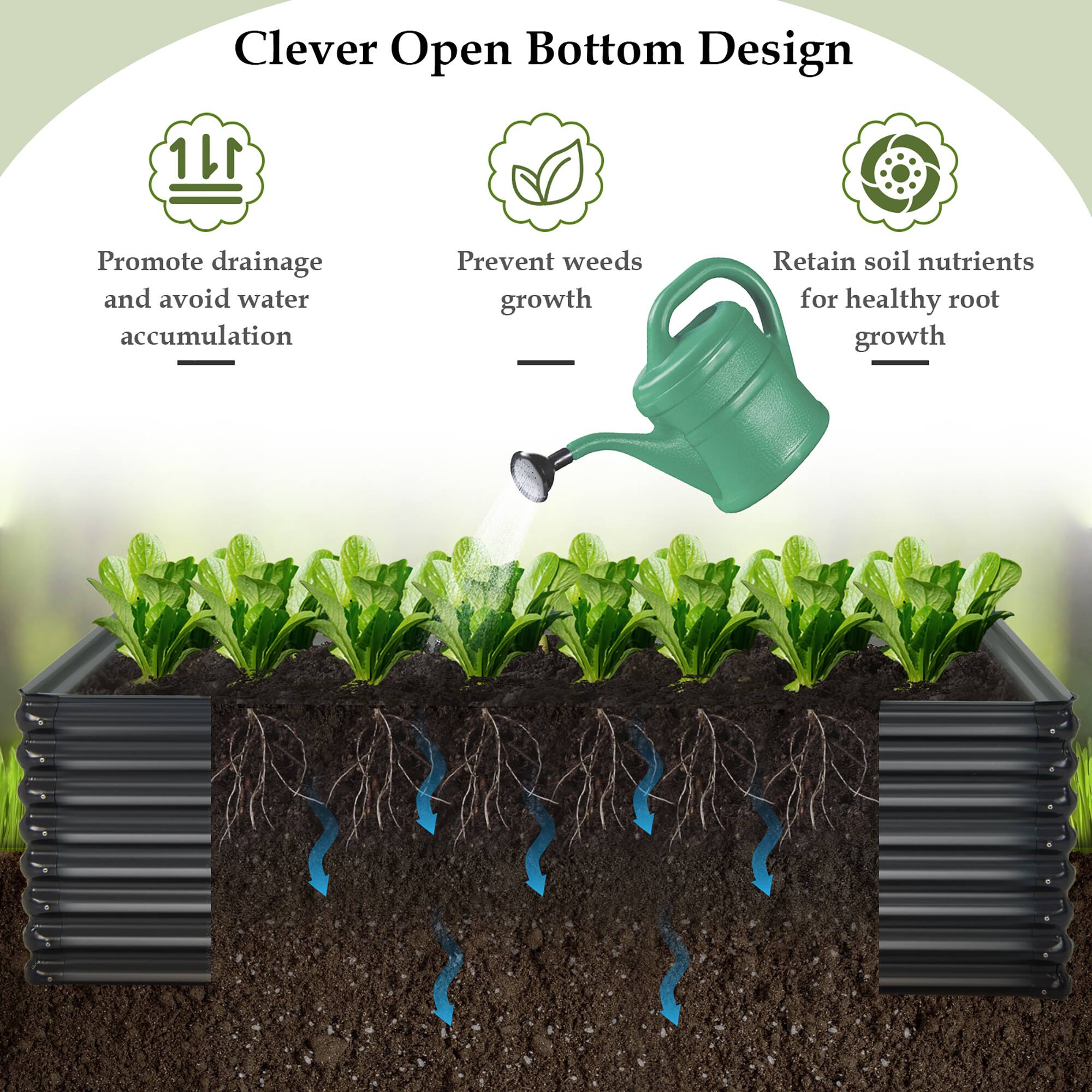Clever Open Bottom Design:
1. Promote drainage and avoid water accumulation
2. Prevent weeds growth
3. Retain soil nutrients for healthy root growth