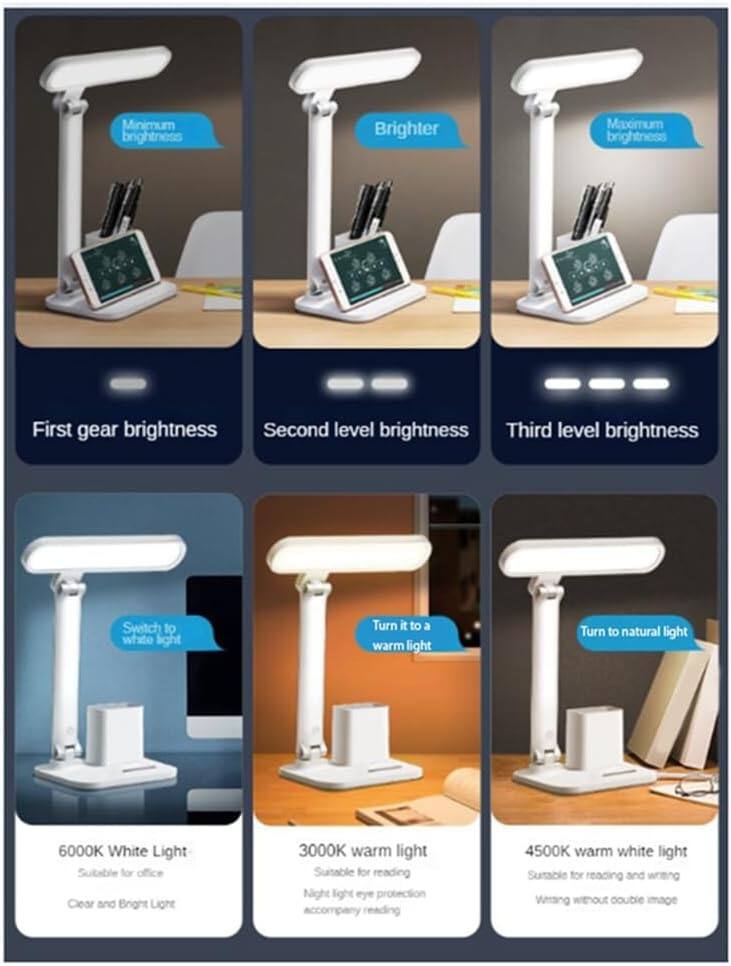 - Minimum brightness
- Brighter
- Maximum brightness
- First gear brightness
- Second level brightness
- Third level brightness

- Switch to white light
- Turn it to a warm light
- Turn to natural light

- 6000K White Light
  - Suitable for office
  - Clear and Bright Light

- 3000K warm light
  - Suitable for reading
  - Night light eye protection
  - Accompany reading

- 4500K warm white light
  - Suitable for reading and writing
  - Writing without double image