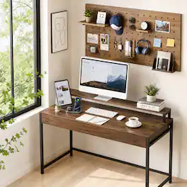 WELLFOR - 37.5" Computer Desk with 2 Drawers & Charging Station,Study Writing Desk with Removable Monitor Shelf for Small Spaces - Rustic Brown