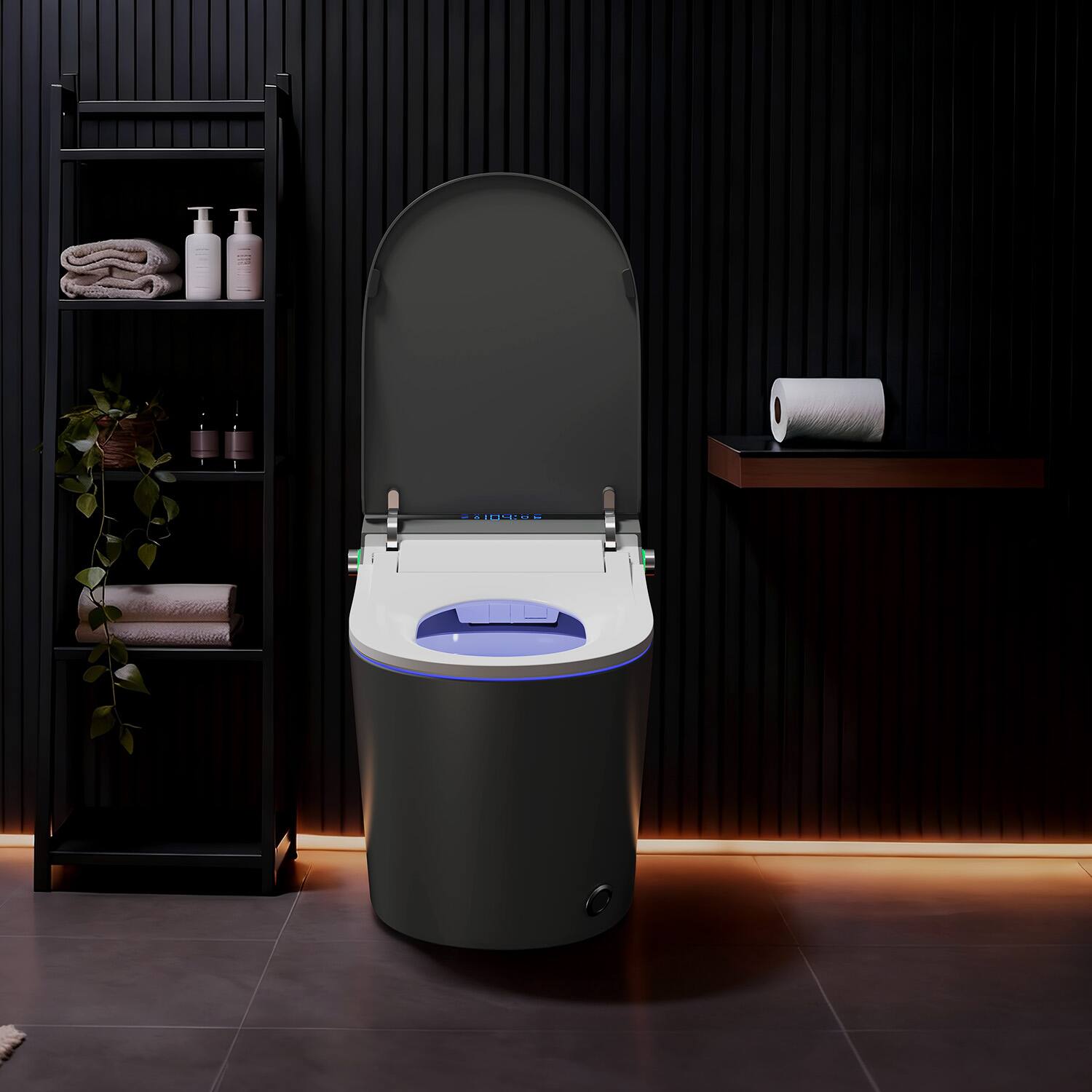Angle. Koligey - Smart Toilet With Tankless Bidet Wash, 1.28 Gallons Auto Flush, Dual-Flush Siphon Jet, Heated Seat, Warm Wash/Dryer - Gunmetal Gray.