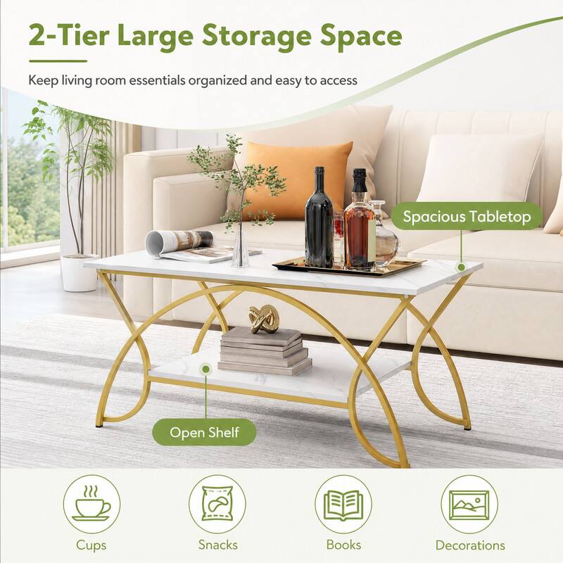 2-Tier Large Storage Space  
Keep living room essentials organized and easy to access

Spacious Tabletop  
Open Shelf  
Cups  
Snacks  
Books  
Decorations