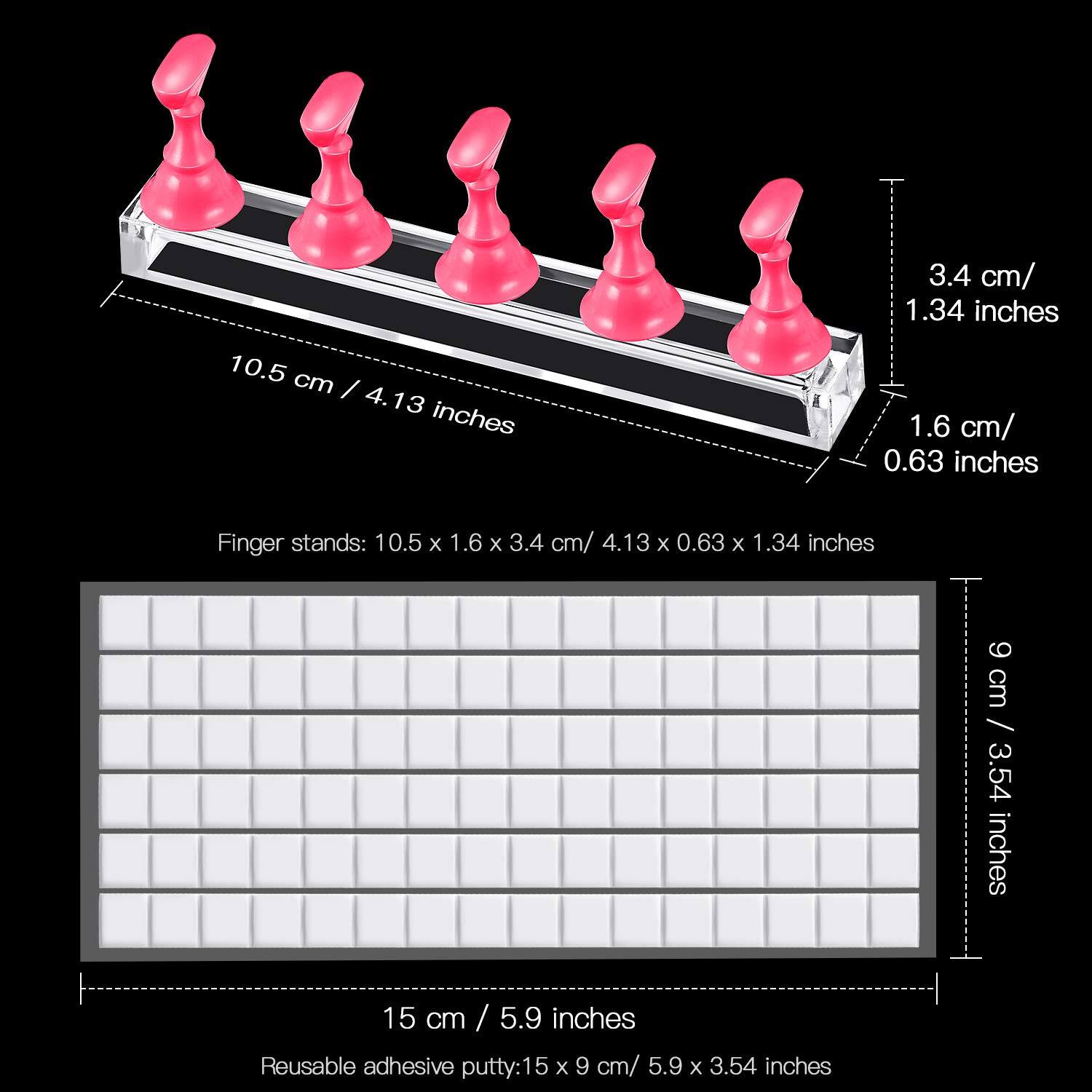 10.5 cm / 4.13 inches  
3.4 cm / 1.34 inches  
1.6 cm / 0.63 inches  

Finger stands: 10.5 x 1.6 x 3.4 cm / 4.13 x 0.63 x 1.34 inches  

15 cm / 5.9 inches  
9 cm / 3.54 inches  

Reusable adhesive putty: 15 x 9 cm / 5.9 x 3.54 inches
