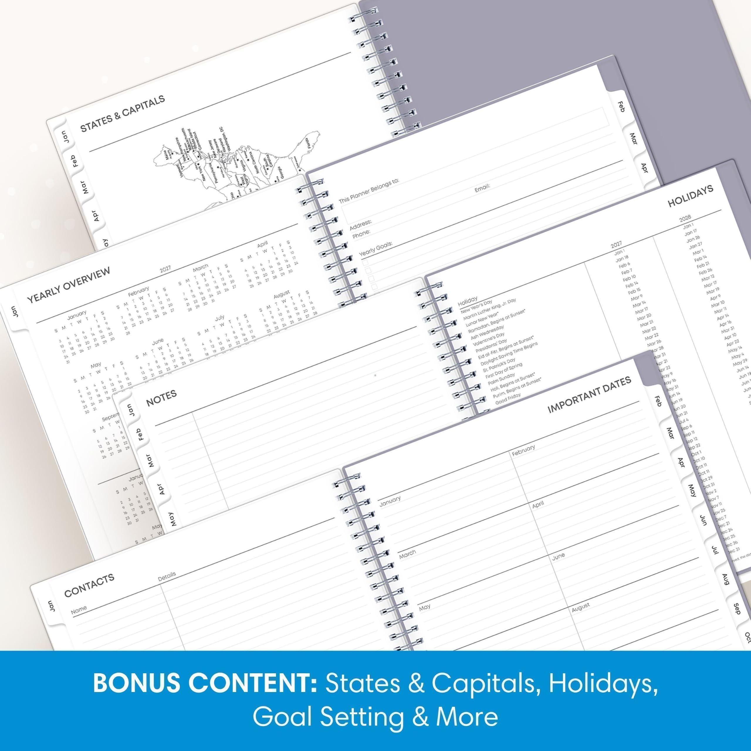 & CAPITALS Feb Jan STATES Mar Feb Apr 100 Mar Planner Belongs Email: this HOLIDAYS Apr Address: 2028 100 Phone JOED ay 2027 JOYAS Gook Jon27 M Hearly Jon! RUAP 2 NOT ROT 2027 Morch Feb? Reals 1  2 YEARLY OVERVIEW February 25 $ Fob N ROS AH? If Holiday Mark M 0 g Nor 17 Jan January  July 21 If If If M 5 r a  a = g) a , on 2 20 Day r degins or time May Appricin  7 = DATES 1 not NOTES Ann Daily Septer Jan Good IMPORTANT Feb Feb Mar February Mar Apr Apr May Jonuary April  May Jun March June Jul Details aug CONTACTS JON Name August BONUS CONTENT: States & Capitals, Holidays, Goal Setting & More