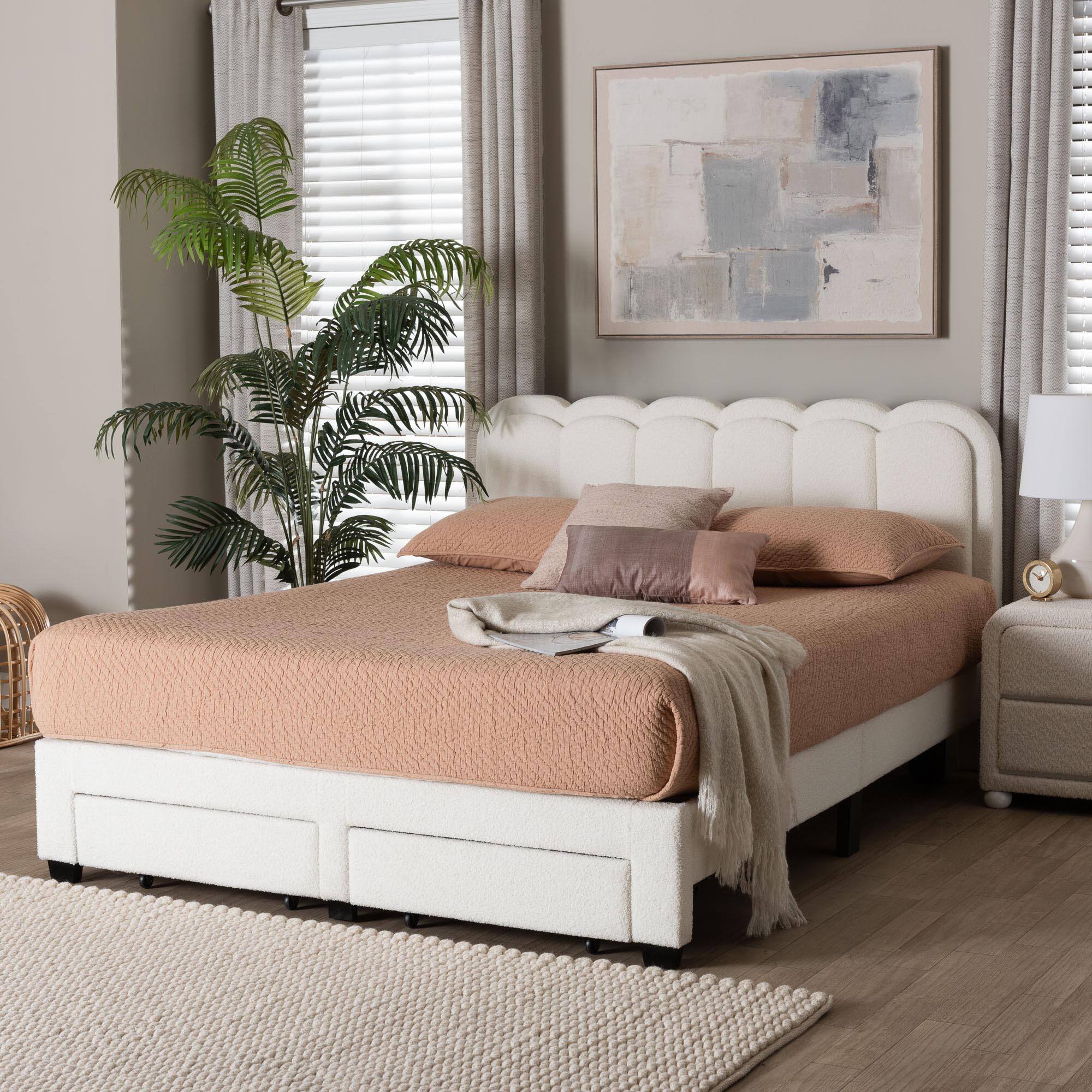 Alt View 4. Baxton Studio - Baxton Studio Caradonna Cream Teddy-Bear Fabric Bed with Storage Drawers - Fully Upholstered Platform Bed, Queen - Cream.