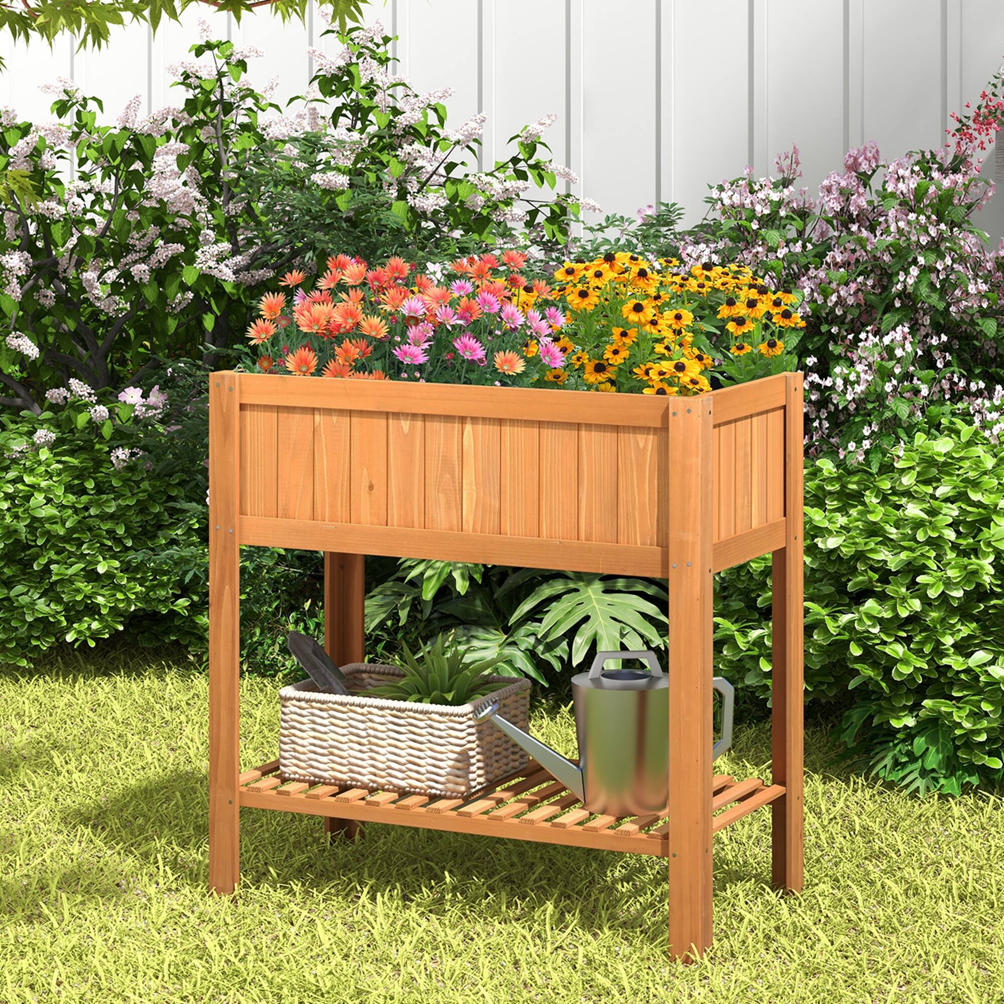 Alt View 5. Costway - Raised Garden Bed 39 x 20 x 39 in Outdoor Fir Wood Planter Box with Storage Shelf - Natural.