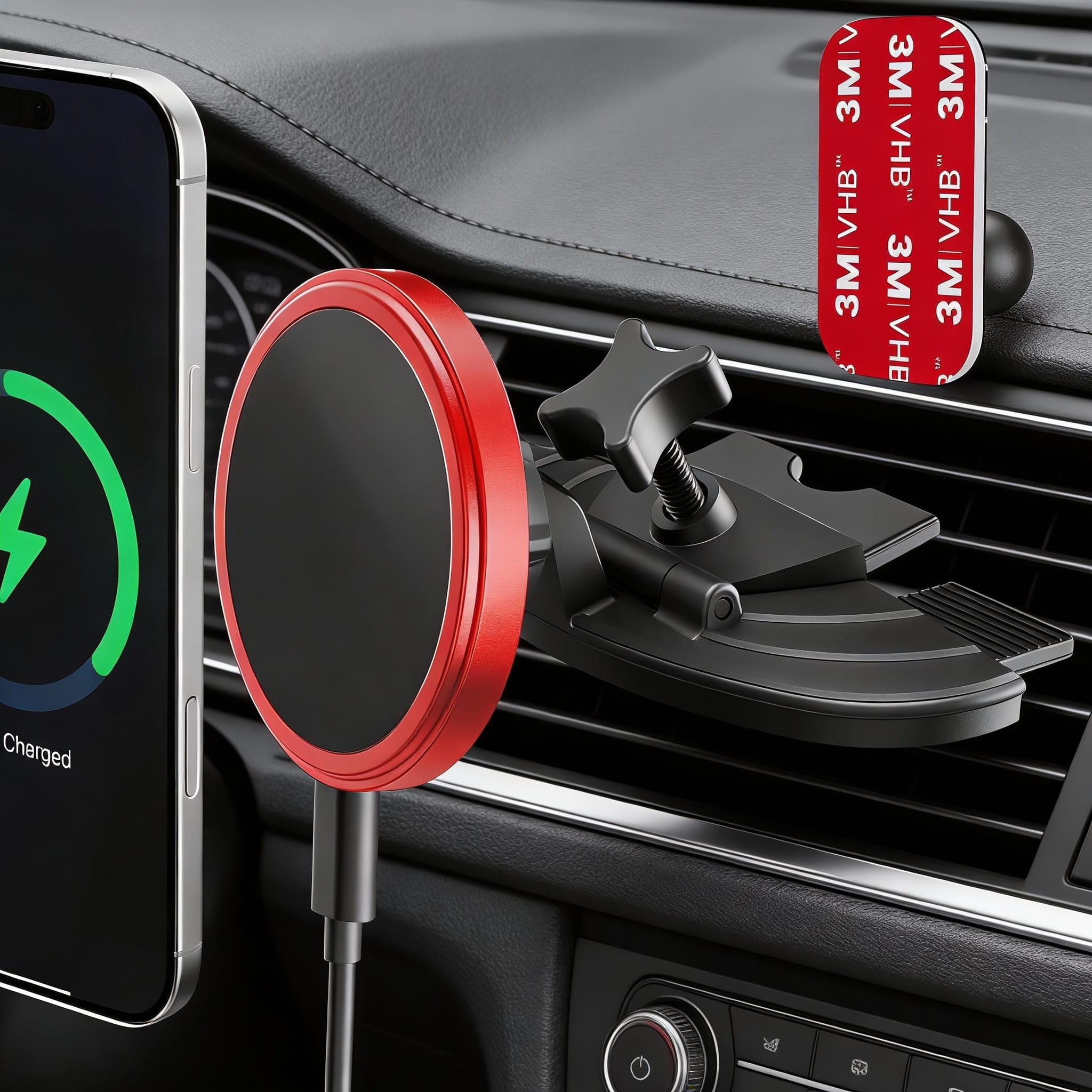 METALTON - For 15w Magsafe Car Mount Fast Wireless Charging Magnetic Cd Slot Holder With 3m Adhesive Base Dashboard Al - Red