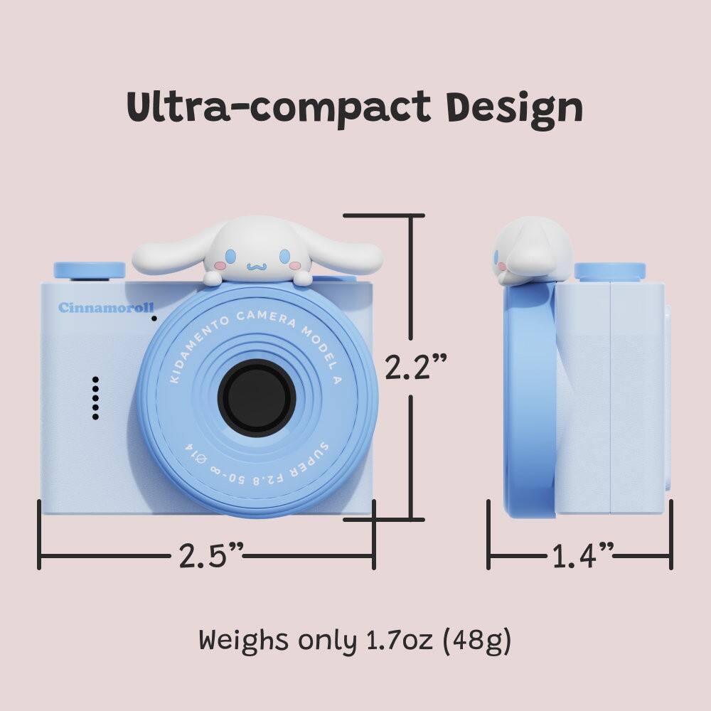 Ultra-compact Design Cinnamoroll CAMERA KIDAMENTO MODEL A: 14 SUPER 50-0 F2.8 2.2" 2.5" 1.4" Weighs only 1.7oz (48g).