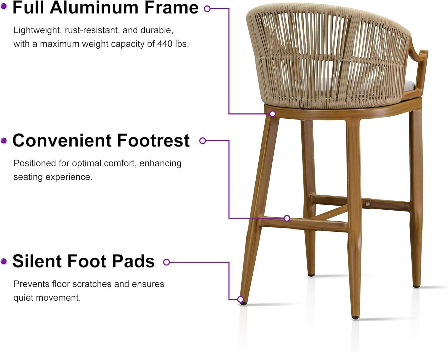 - **Full Aluminum Frame**
  - Lightweight, rust-resistant, and durable, with a maximum weight capacity of 440 lbs.

- **Convenient Footrest**
  - Positioned for optimal comfort, enhancing seating experience.

- **Silent Foot Pads**
  - Prevents floor scratches and ensures quiet movement.