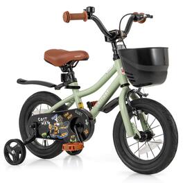 Costway - 12" Kid's Bike with Training Wheels Adjustable Handlebar & Seat Handbrake - Green