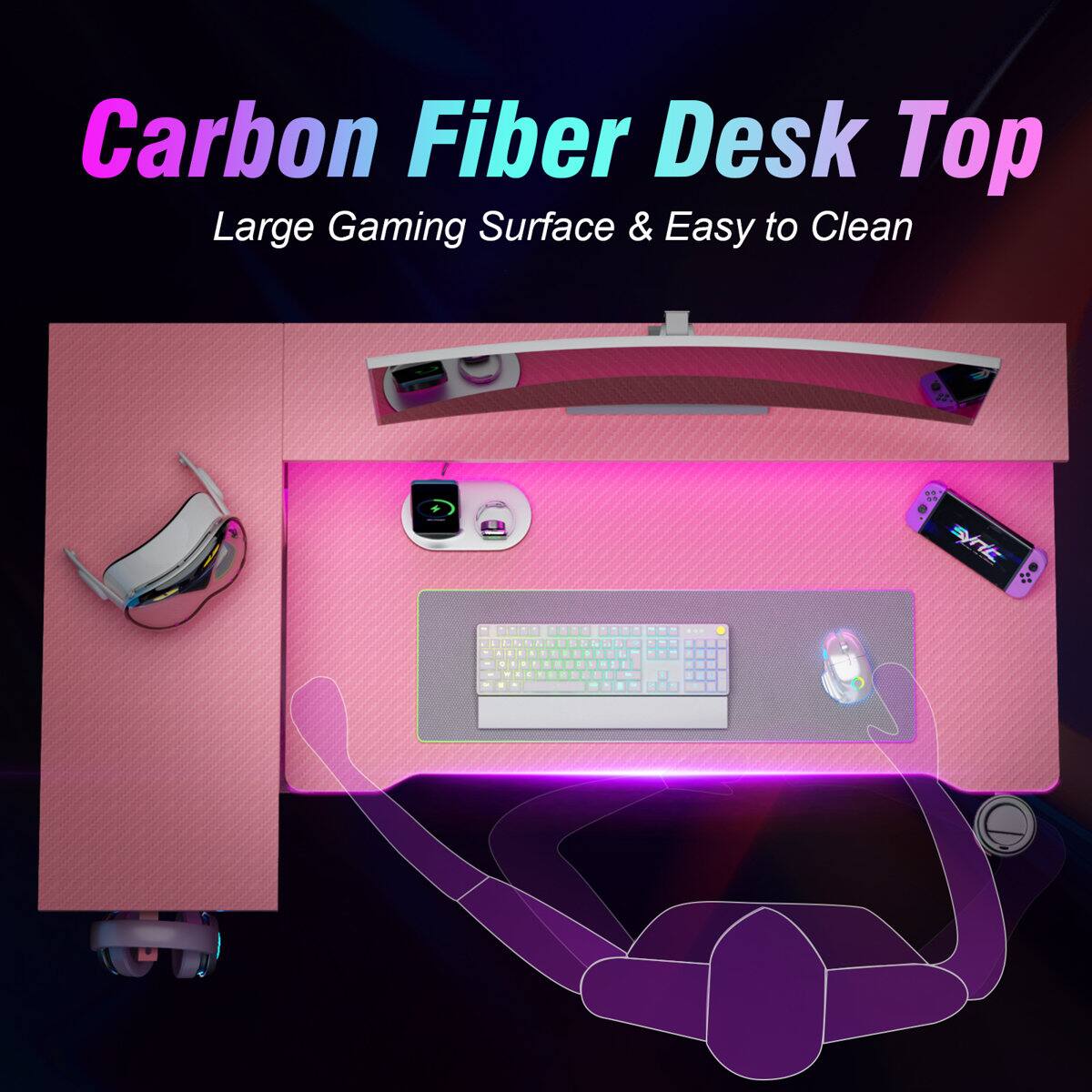 Carbon Fiber Desk Top  
Large Gaming Surface & Easy to Clean