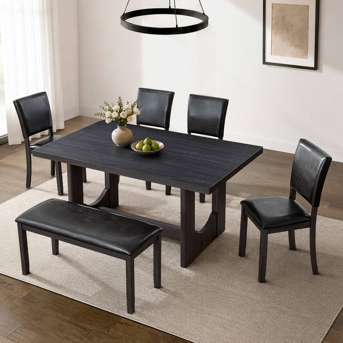 Angle. Loheer - Loheer 6 Piece Dining Table Set With Bench, Modern Farmhouse Rectangular Table, Antique Black and Brown - Antique Black and Brown.