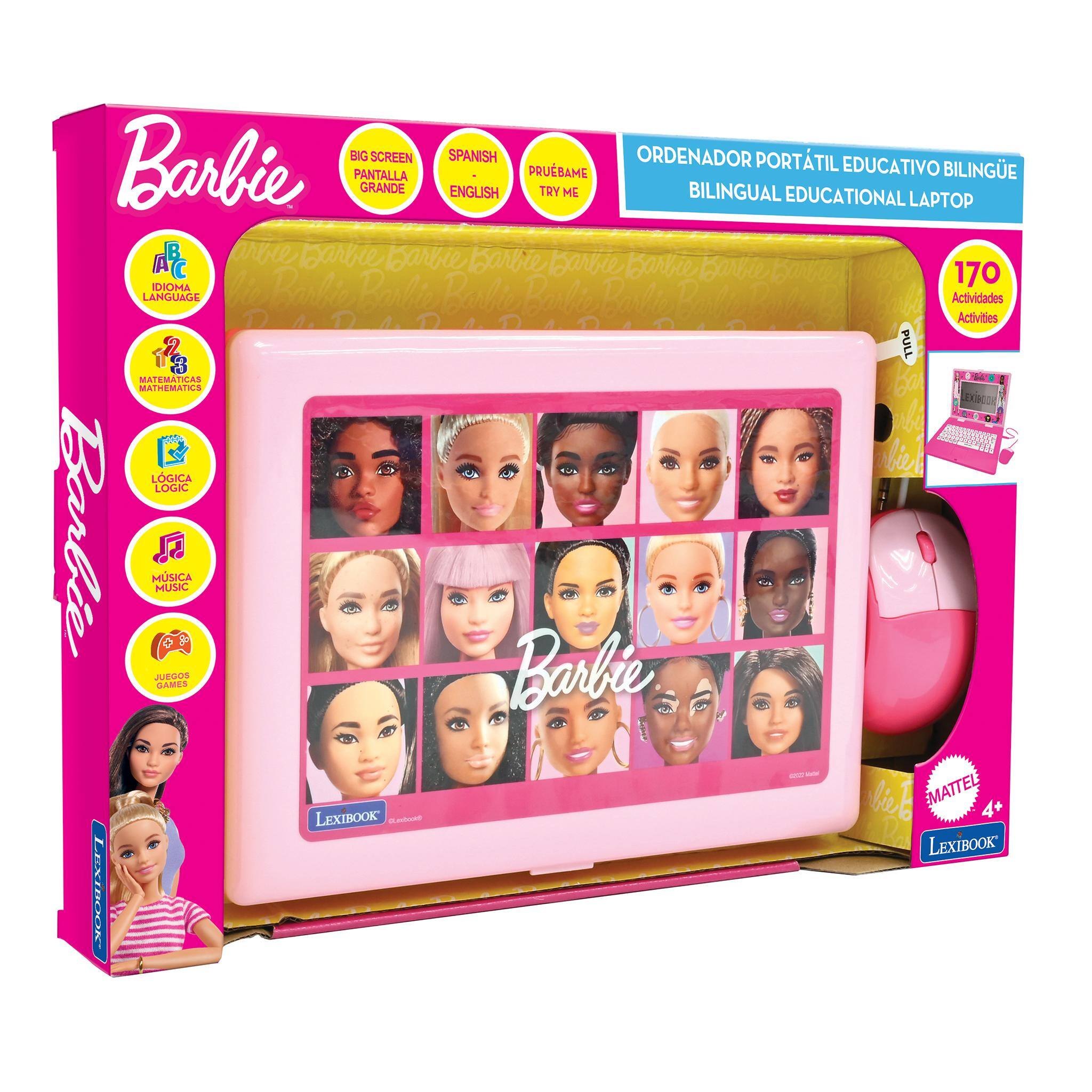 Barbie Bilingual Educational Laptop

- Big Screen Spanish English
- Ordenador Portátil Educativo Bilingüe
- Try Me
- Pruébame
- 170 Actividades
- Activities
- Matemáticas
- Lógica
- Música
- Juegos
- Math
- Logic
- Music
- Games
- LexiBook
- Mattel