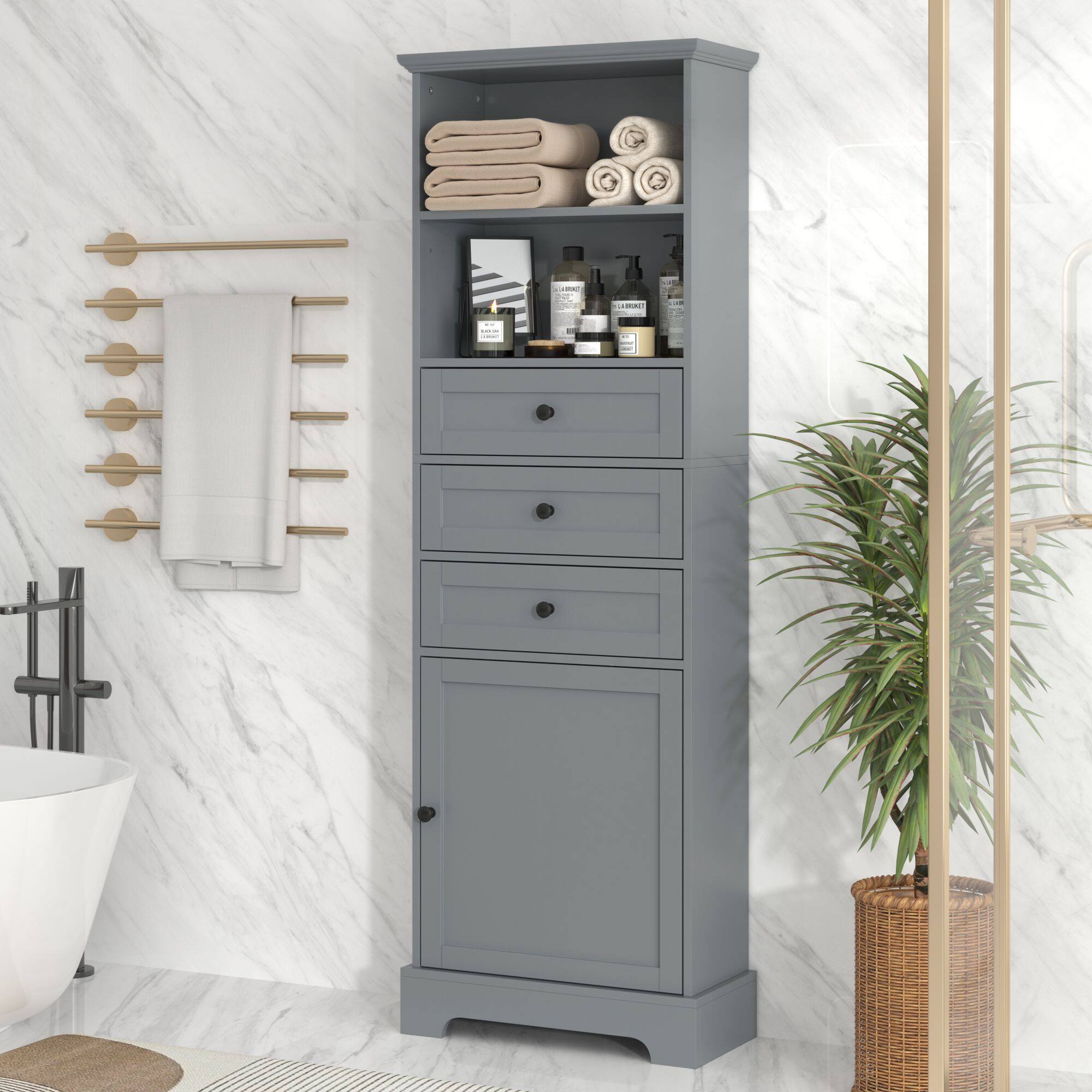 Mirfee - White Tall Storage Cabinet with 3 Drawers, Adjustable Shelves, MDF, for Bathroom Office - Gray