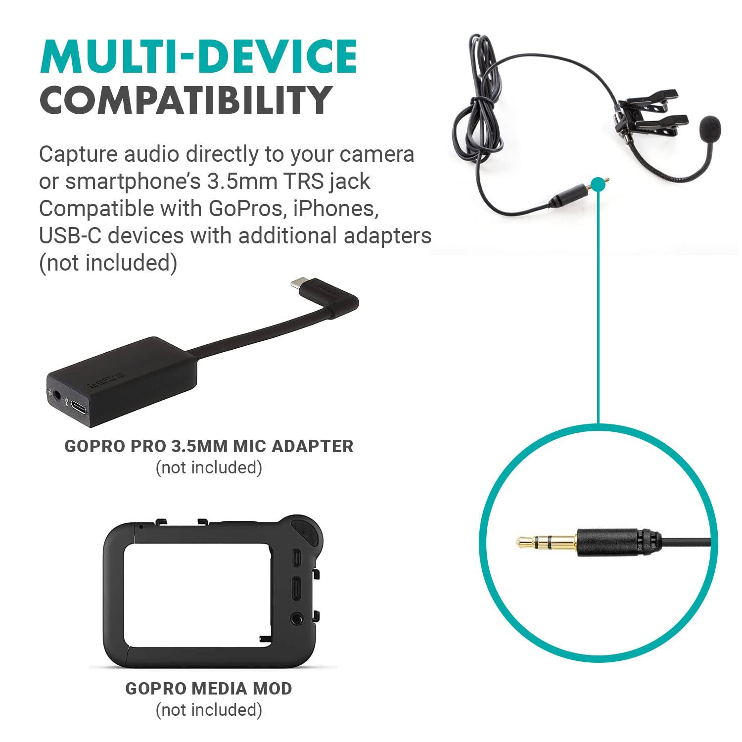 MULTI-DEVICE COMPATIBILITY  
Capture audio directly to your camera or smartphone's 3.5mm TRS jack  
Compatible with GoPros, iPhones, USB-C devices with additional adapters (not included)  
GOPRO PRO 3.5MM MIC ADAPTER (not included)  
GOPRO MEDIA MOD (not included)