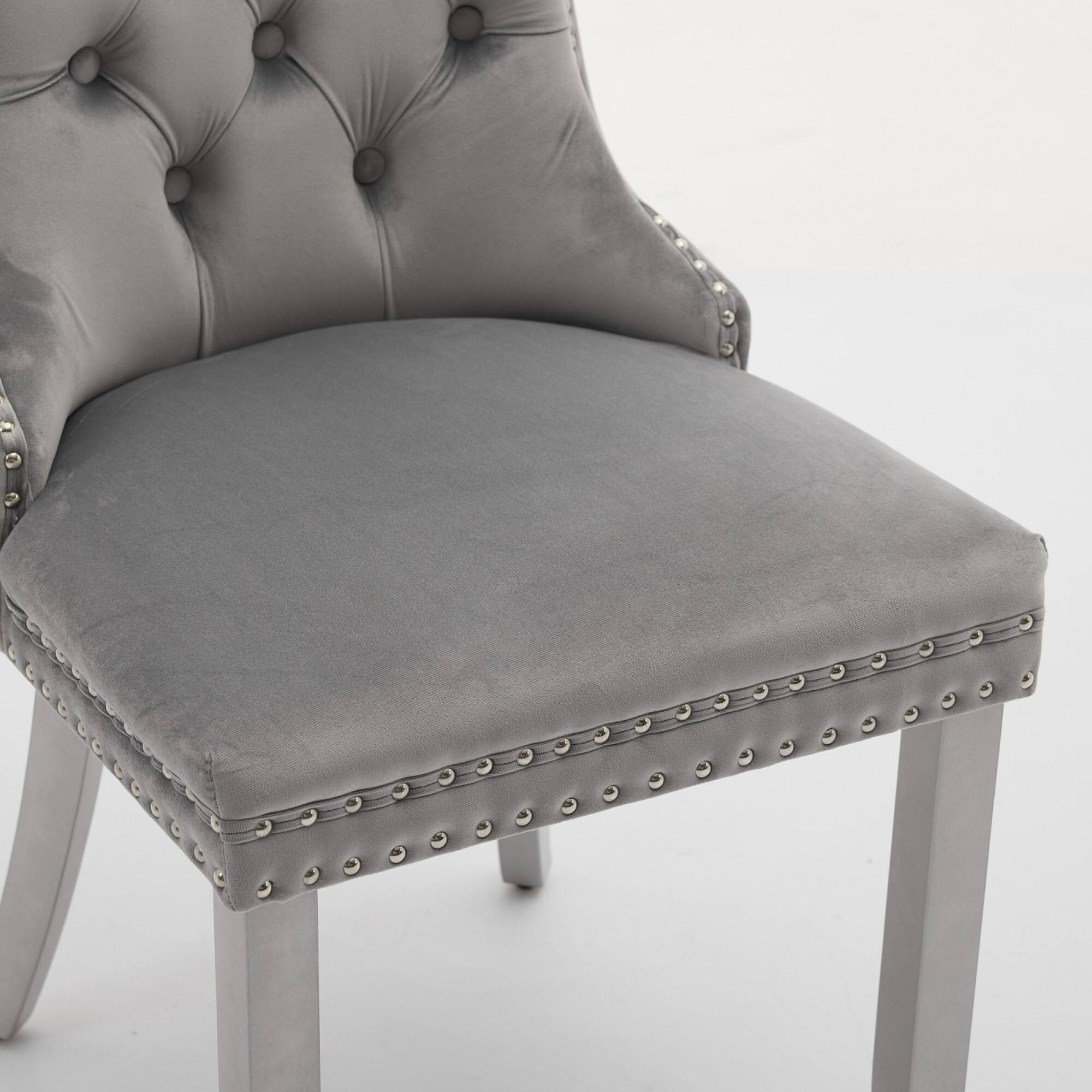 Alt View 7. GOODSILO - Modern High-End Tufted Velvet Upholstered Dining Chairs with Solid Wood Legs and Nailhead Trim, Set of 2 - Light Gray.