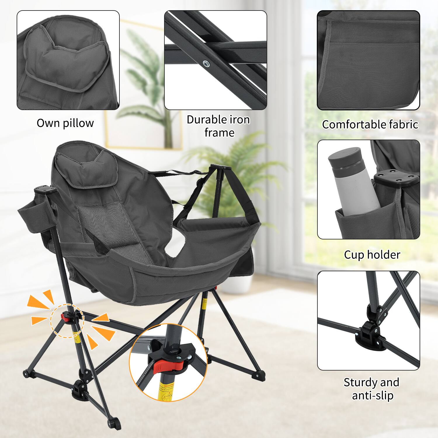 - Own pillow
- Durable iron frame
- Comfortable fabric
- Cup holder
- Sturdy and anti-slip