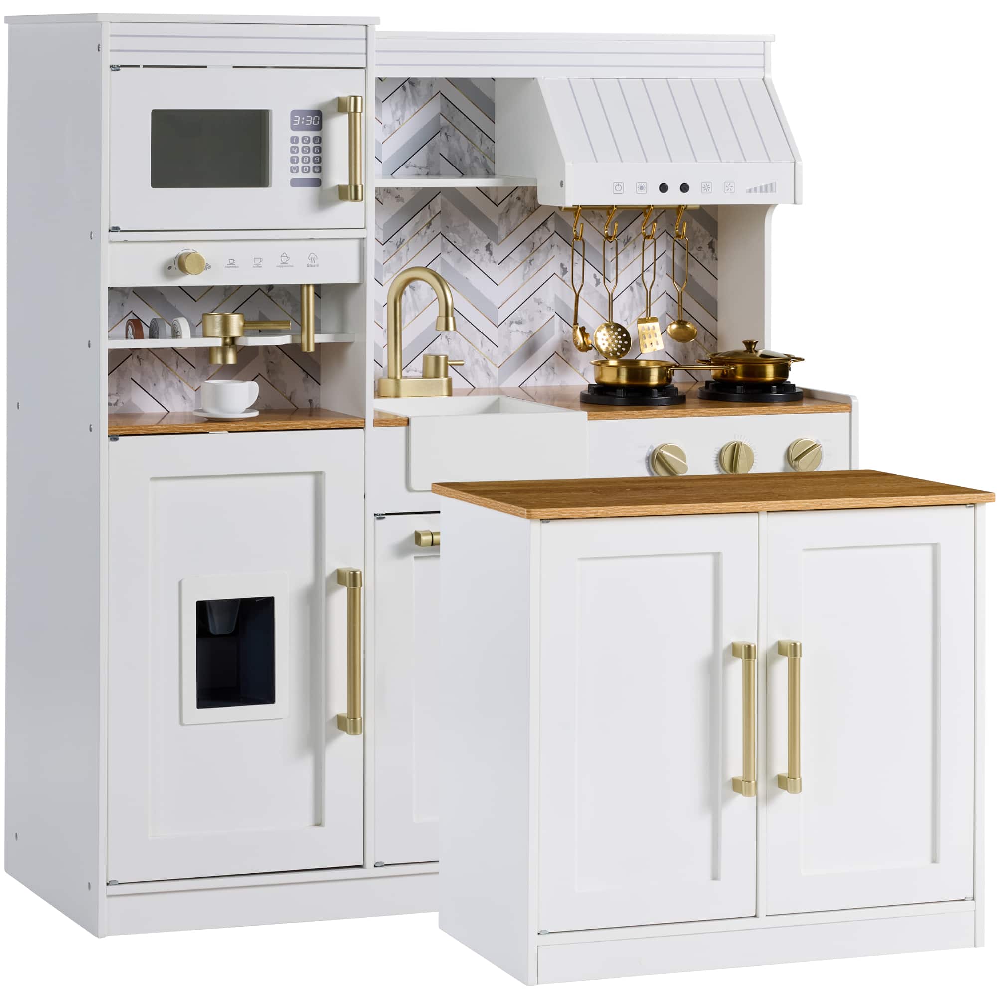 Best Choice Products- Deluxe Wooden Pretend Play Kitchen with Island and Espresso Machine- Chalk White