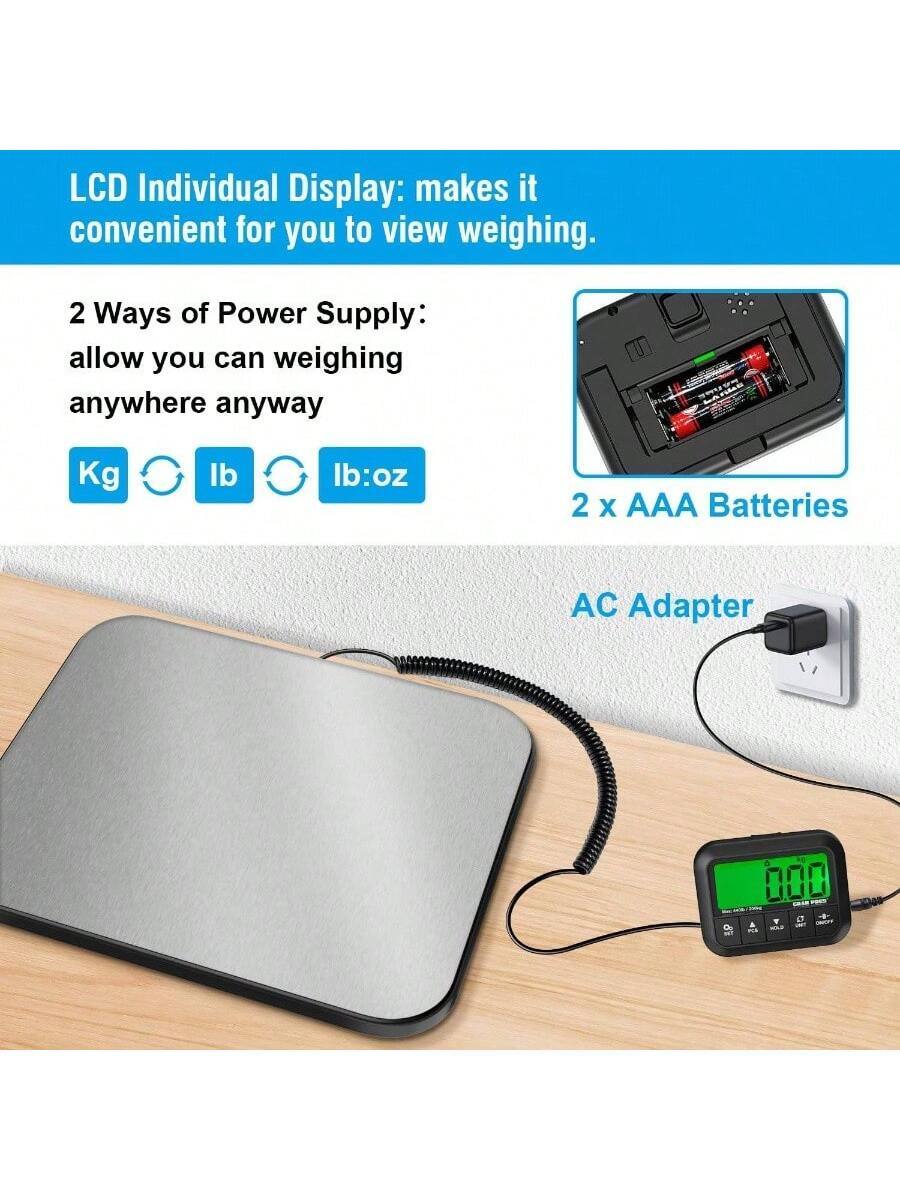 LCD Individual Display: makes it convenient for you to view weighing.

2 Ways of Power Supply: allow you to weigh anywhere anyway

Kg lb lb:oz

2 x AAA Batteries

AC Adapter