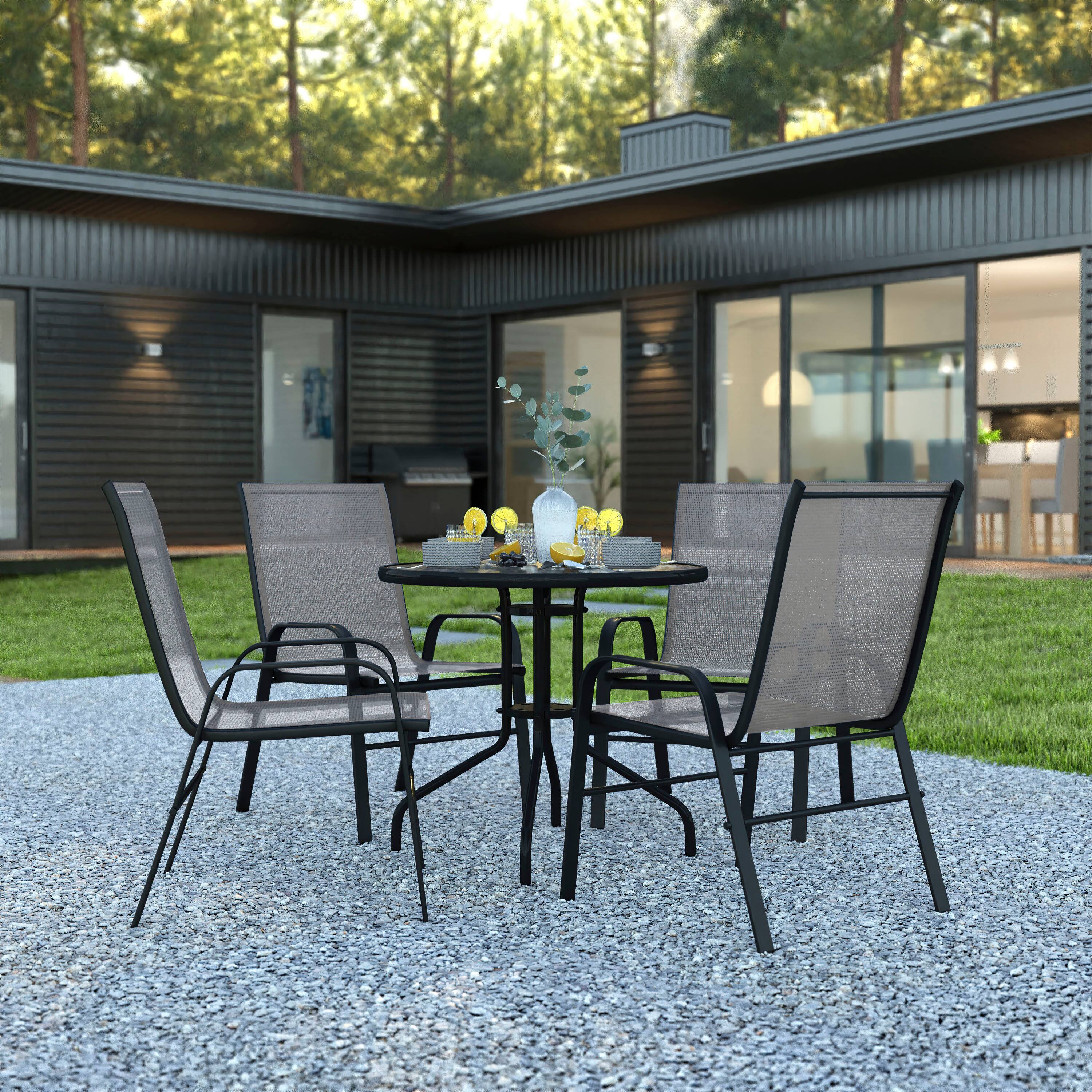 Alt View 1. Emma + Oliver - Five Piece Patio Table Set with Round Metal Table with Tempered Glass Top and 4 Flex Comfort Stacking Chairs - Gray.