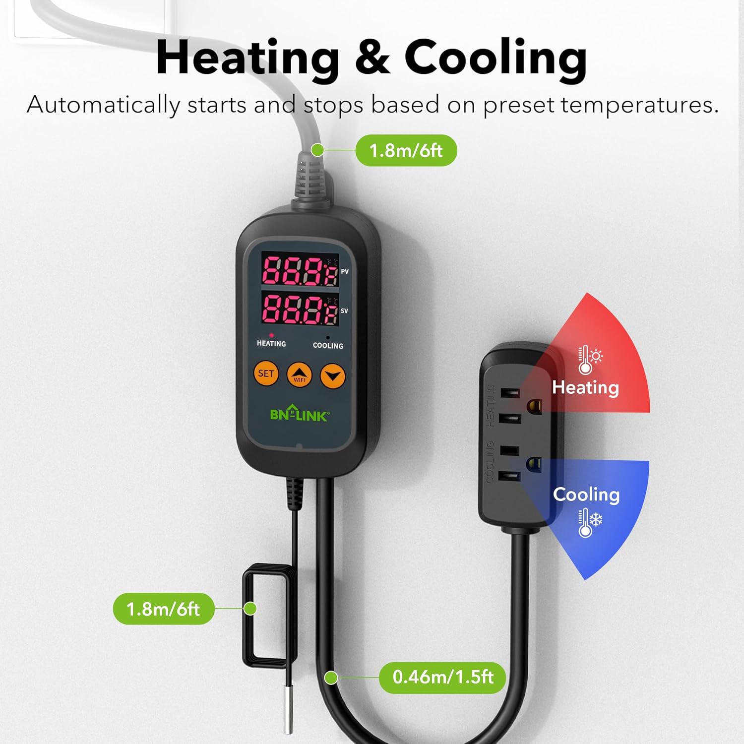 Heating & Cooling  
Automatically starts and stops based on preset temperatures.  

1.8m/6ft  
0.46m/1.5ft