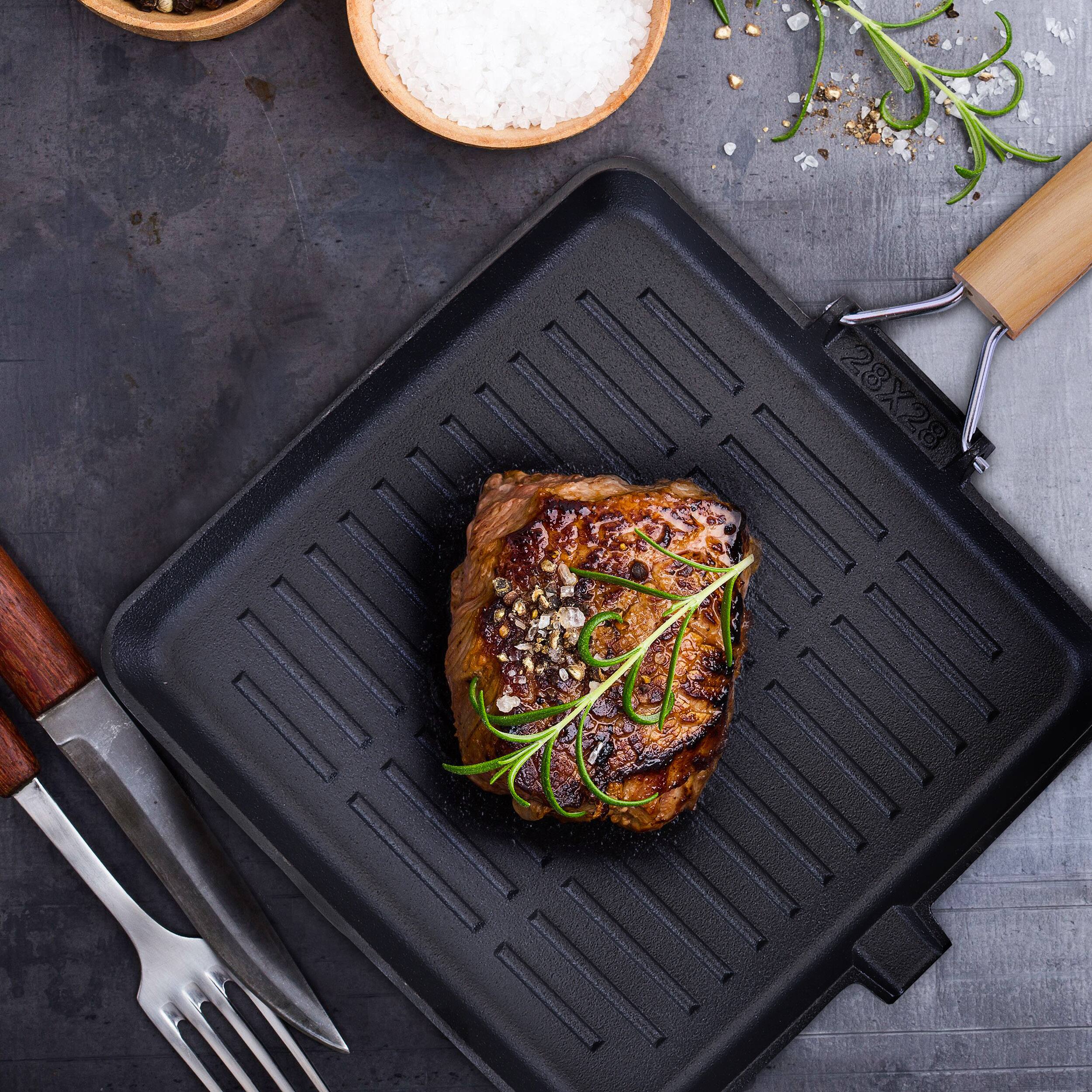 Alt View 3. Gibson - General Store Addlestone 11 Inch Pre-Seasoned Cast Iron Grill Pan with Foldable Wooden Handle - Black.