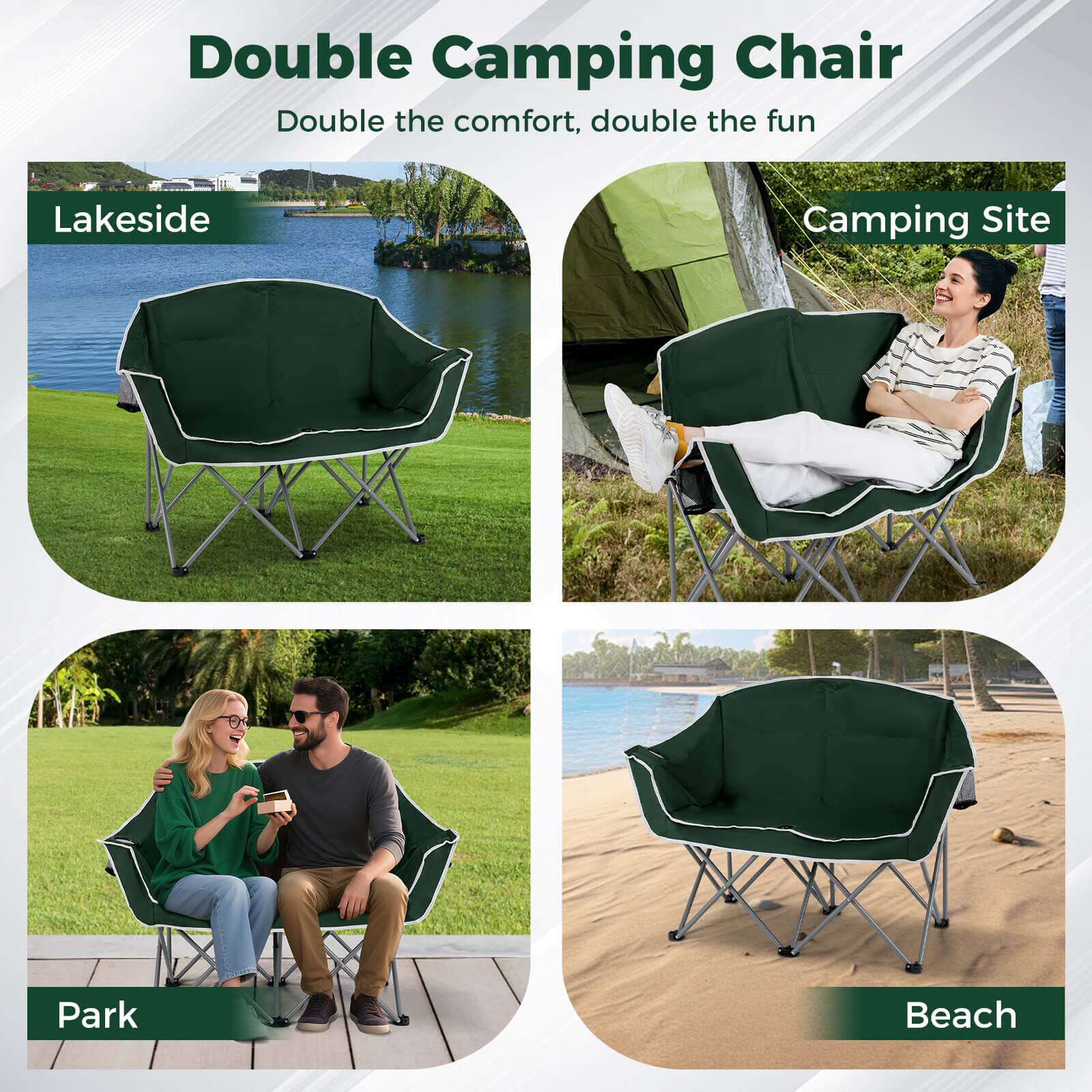 Double Camping Chair  
Double the comfort, double the fun  

Lakeside  
Camping Site  
Park  
Beach