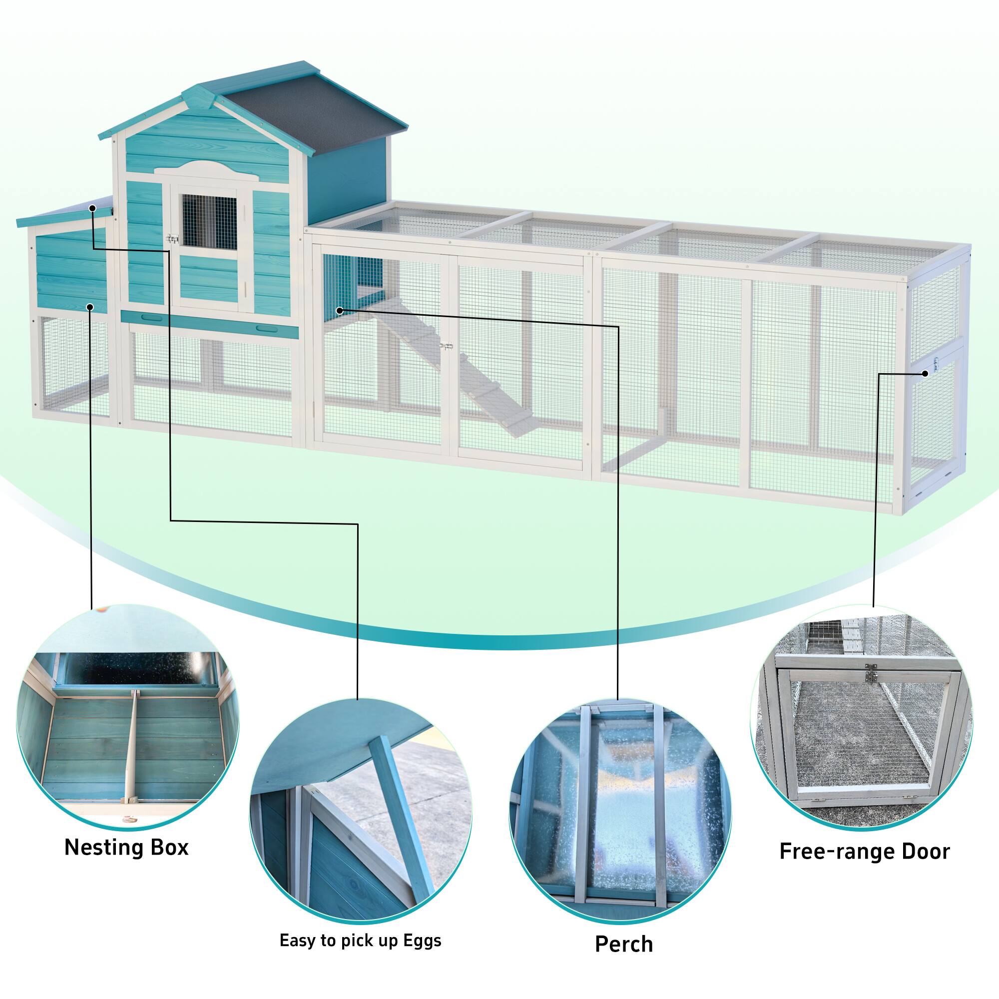 - Nesting Box
- Easy to pick up Eggs
- Perch
- Free-range Door