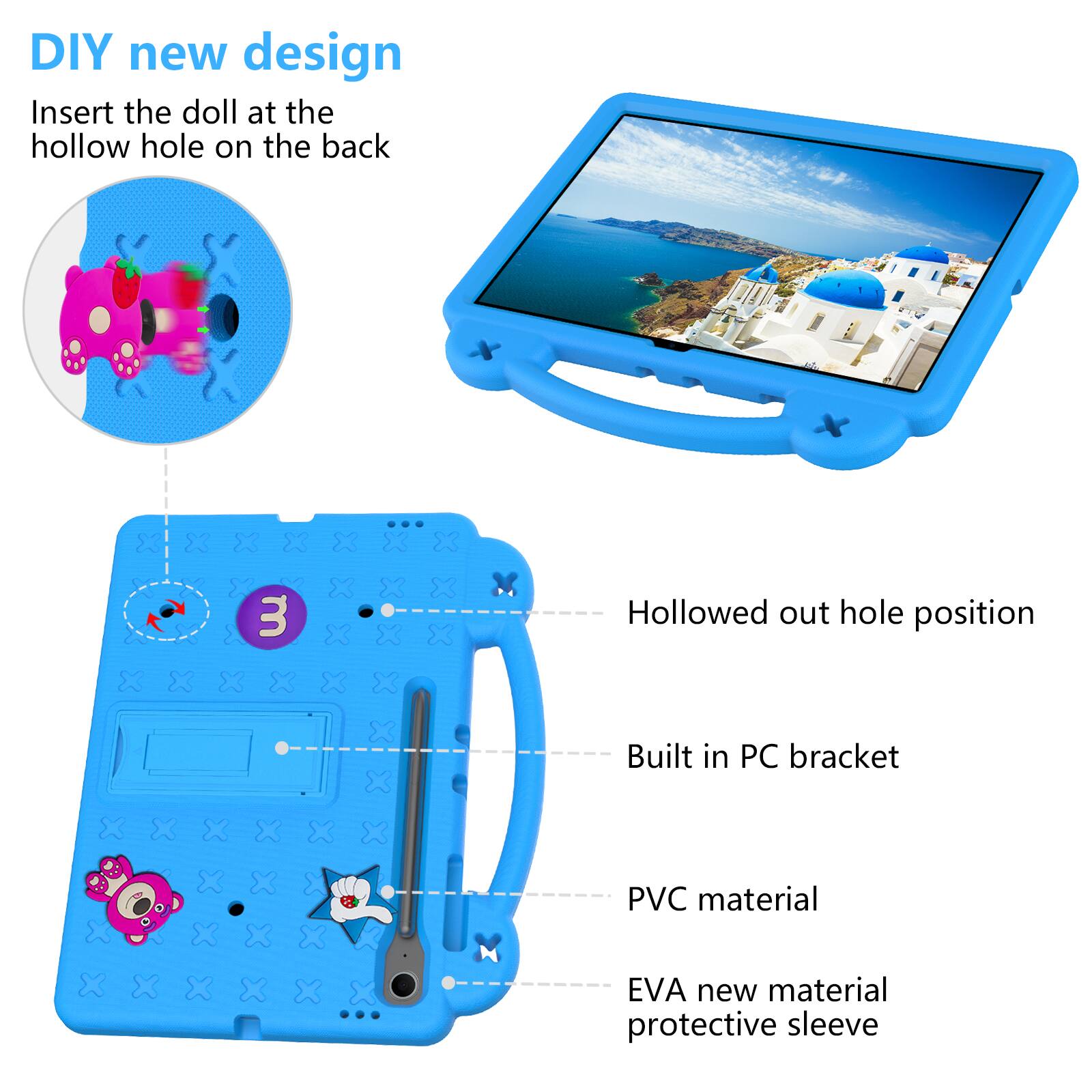 DIY new design  
Insert the doll at the hollow hole on the back  

3 Hollowed out hole position  
Built in PC bracket  
PVC material  
EVA new material protective sleeve