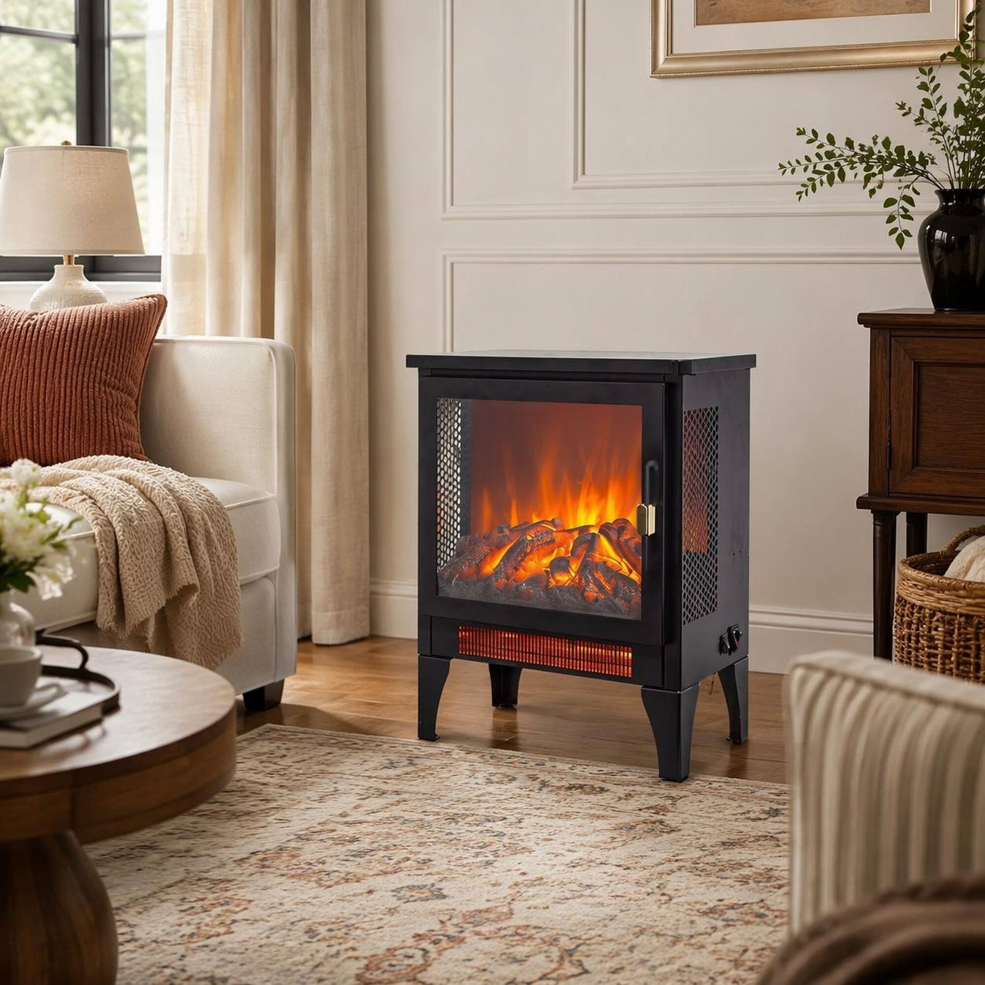 Angle. RYHNUYNE - 18 Inch Freestanding Electric Fireplace Stove Heater with 3D Flame Effect – Black for Living Room - Antique Black.
