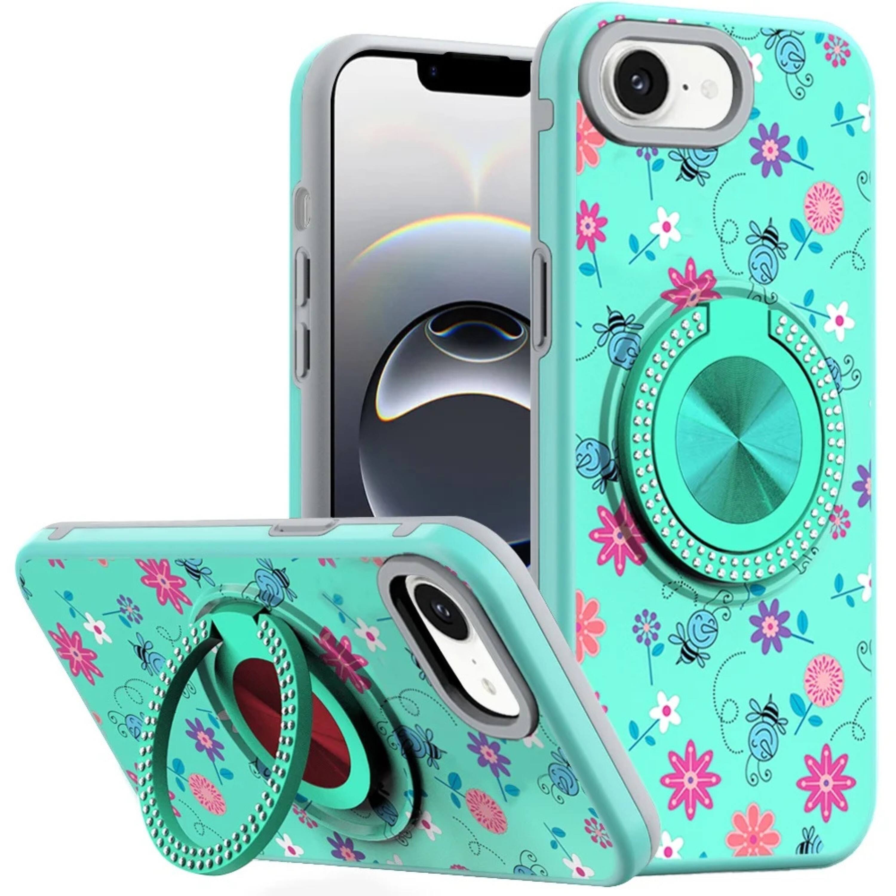 Front. Kitcheniva - Printed Bling 360 Rotating Ring Stand Phone Case With Tempered Glass For iPhone 16e 17e Blue Green - Blue.