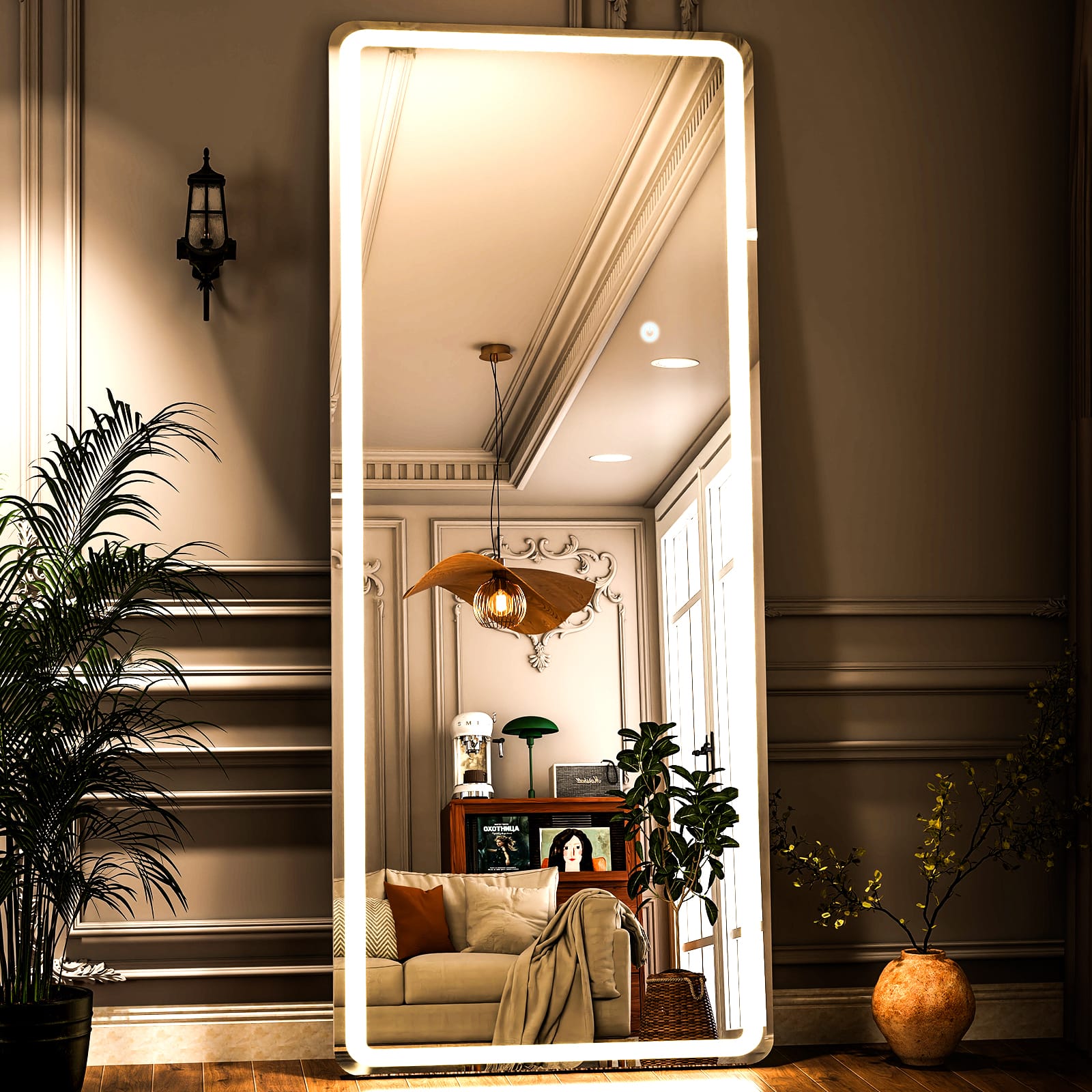 Easly - Rectangular 20 in. W x 63 in. H LED with 3-Color Dimmable Light Full Length Floor Mirror - Frameless
