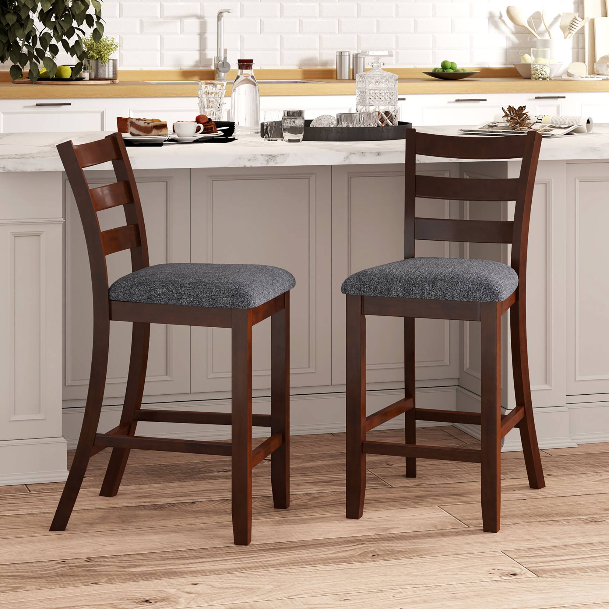 Alt View 1. Gymax - Gymax Wood Bar Stools Set of 2 Counter Height Chairs w/ Faux Leather Upholstered Seat - Espresso, Gray.