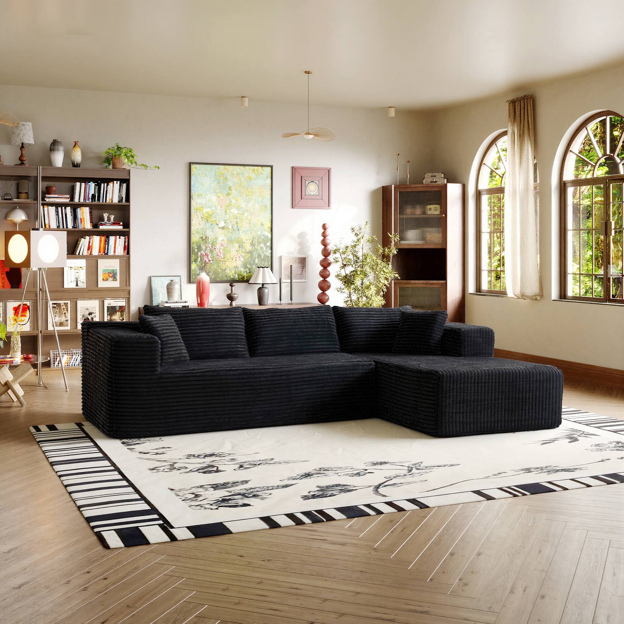 Left. FUFU&GAGA - Modular Corduroy L-Shaped Sectional Sofa with Chaise, High-Density Foam Cushions and Matching Pillows - Black.