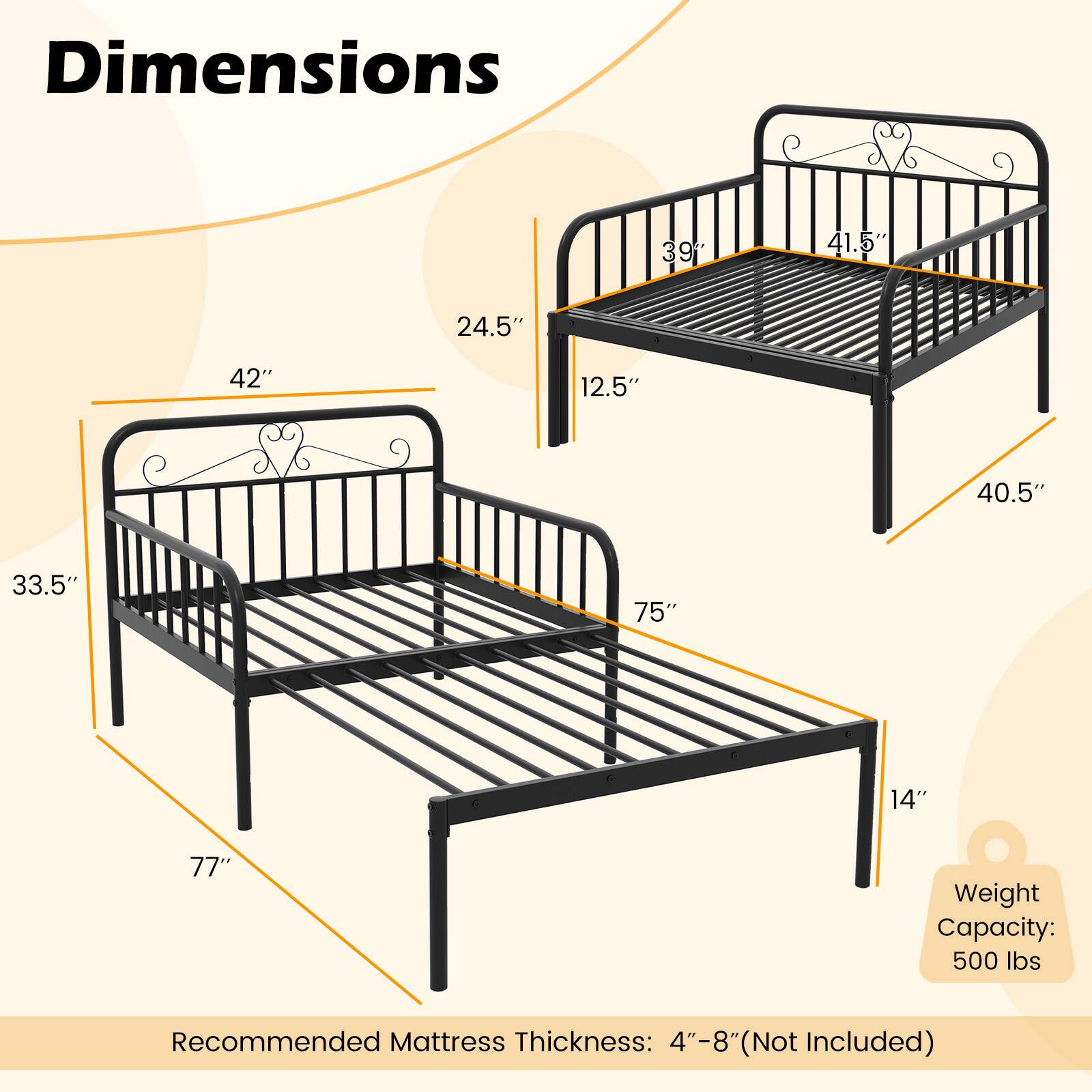 Dimensions: 39" x 41.5" x 42" x 12.5" x 40.5" x 33.5" x 75" x 14" x 77"
Weight Capacity: 500 lbs
Recommended Mattress Thickness: 4"-8" (Not Included)