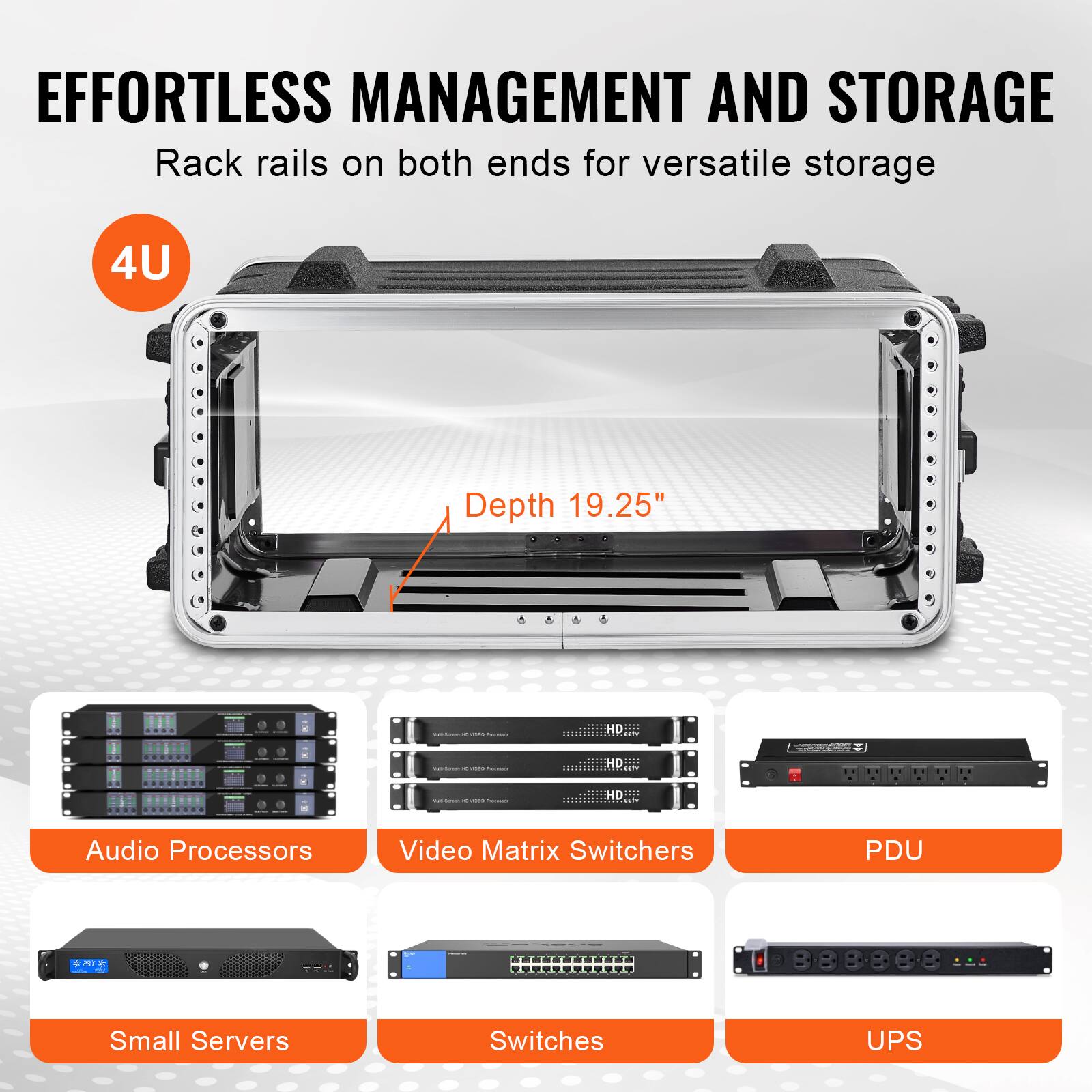EFFORTLESS MANAGEMENT AND STORAGE  
Rack rails on both ends for versatile storage  

4U  
Depth 19.25"  

Audio Processors  
Video Matrix Switchers  
PDU  
Small Servers  
Switches  
UPS