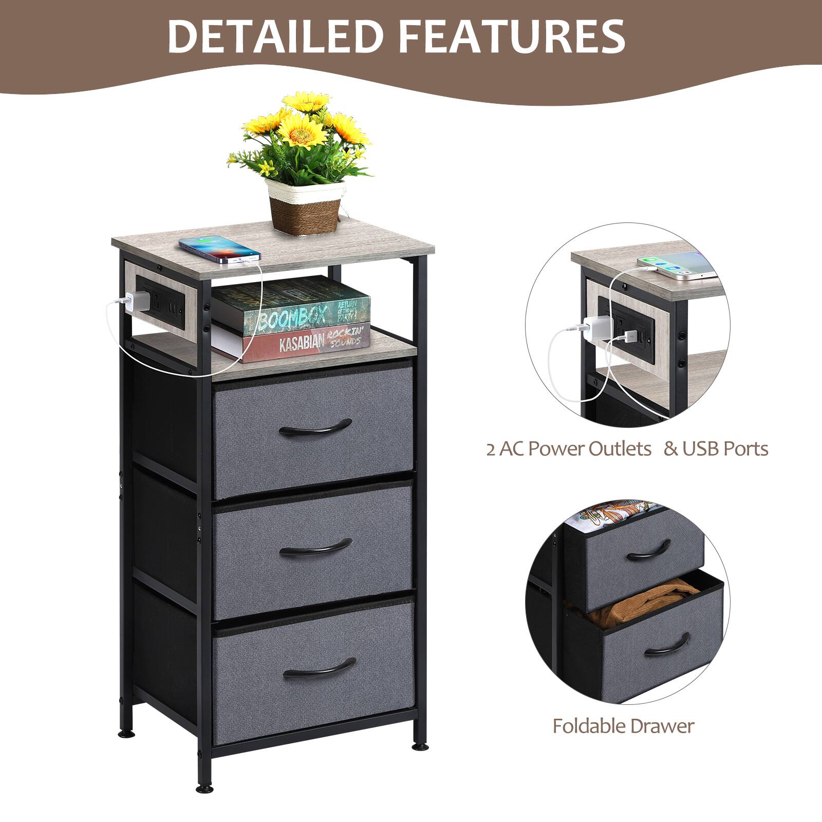 DETAILED FEATURES

- 2 AC Power Outlets & USB Ports
- Foldable Drawer