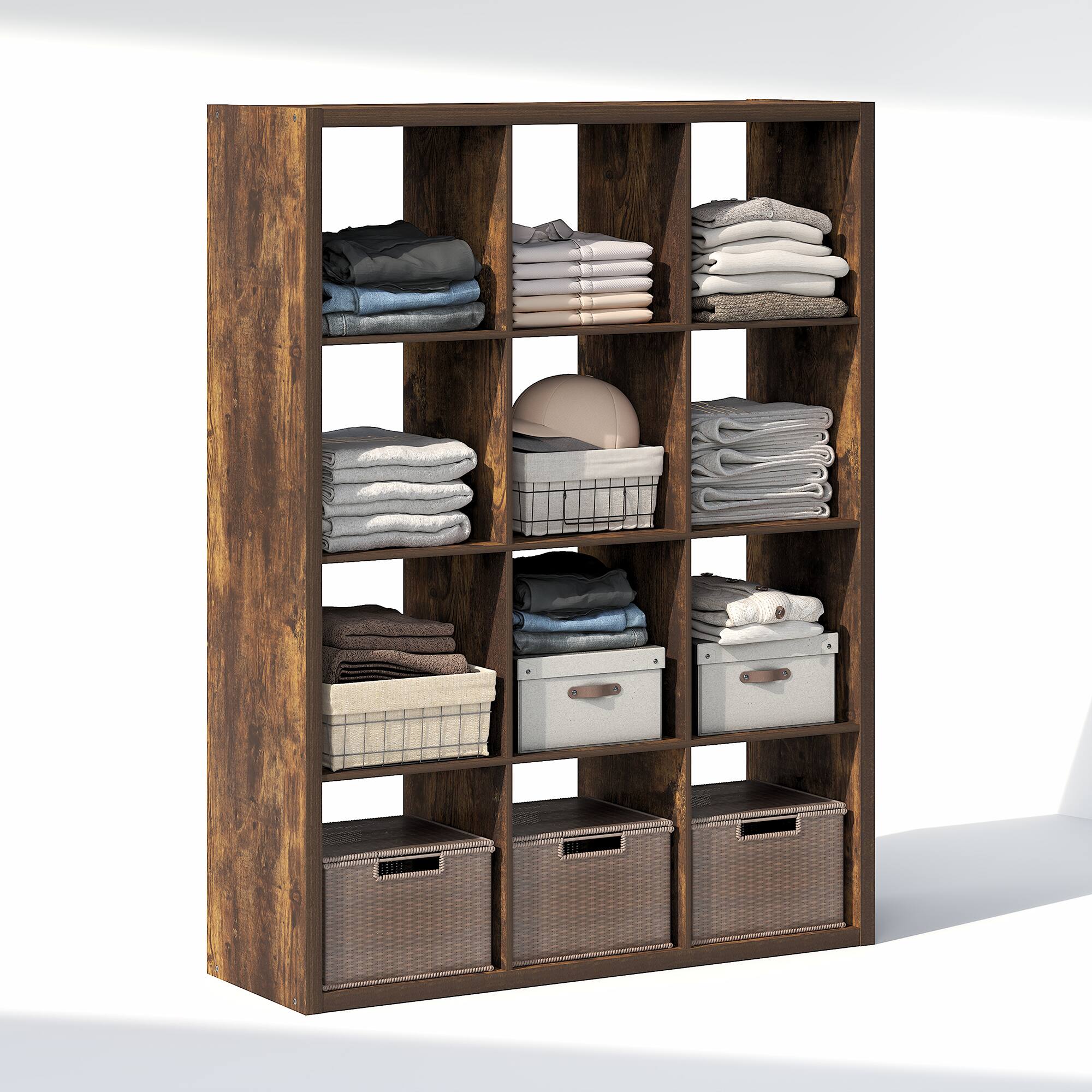 Furinno - CUBIC Closet Organizers, 12-Cube Closet Organizer, Open Shelf, Extra Thick Frame, for Wardrobe, Bedroom, Living Room - Amber Pine